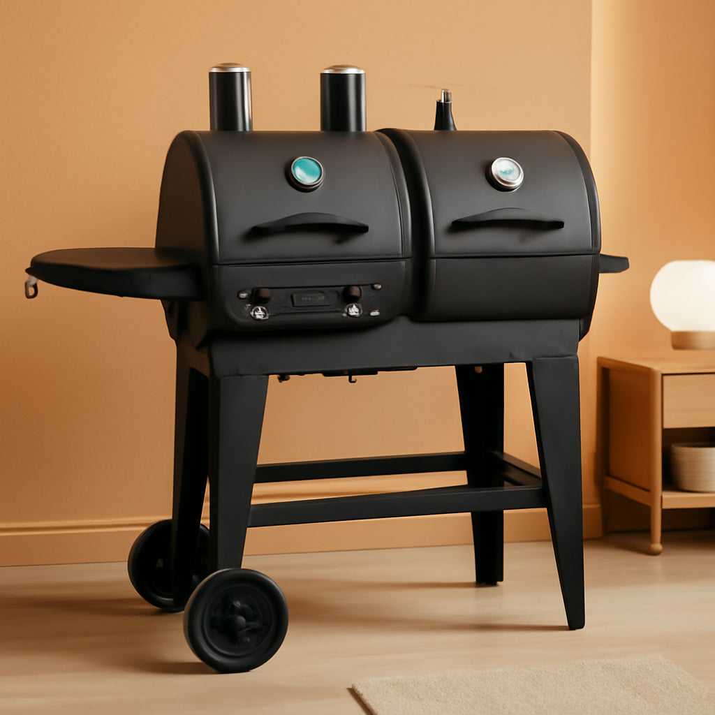 Black Propane Charcoal Dual Fuel Two Burner Grill Smoker