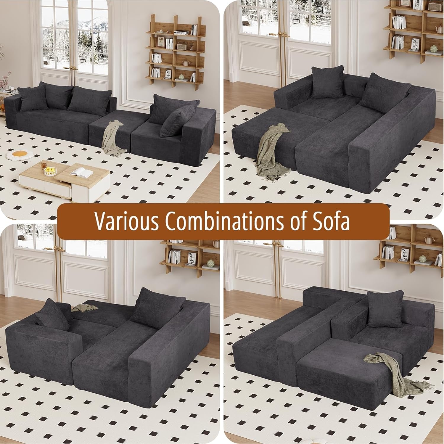Modular Sectional Sofa with Chaise, Modern L Shaped Cloud Couch with Deep Seat, Sectional Couches for Living Room, Bedroom, Office, No Assembly Required, Dark Grey-3