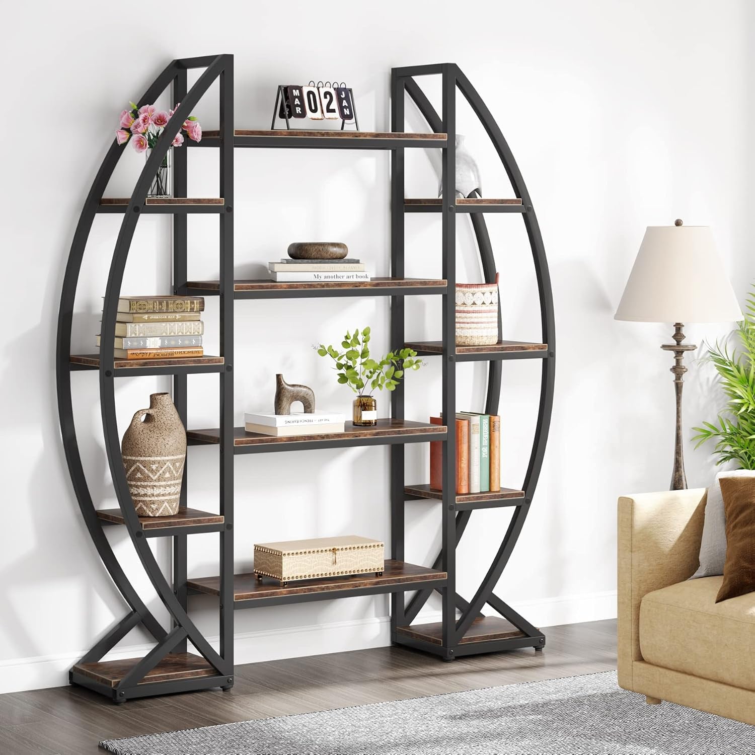 Oval 55 Inch Brown IndustrialDisplay Etagere Bookcase-3