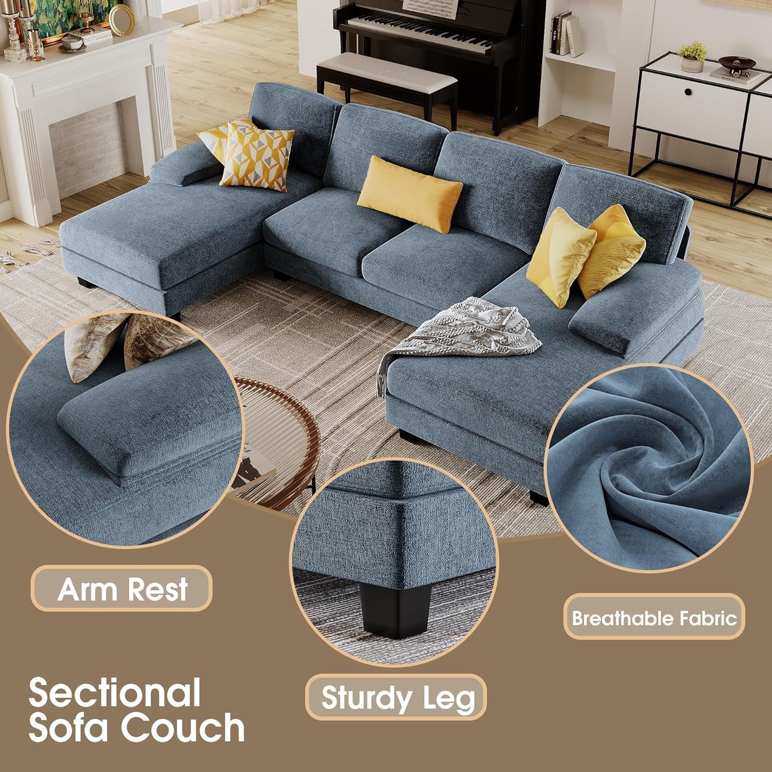 Sectional Couches for Living Room, U-Shaped Sofa Couch with Linen Fabric, 4 Seat Sofa Set with Double Chaise for Apartment (Fabric, Light Blue)-4
