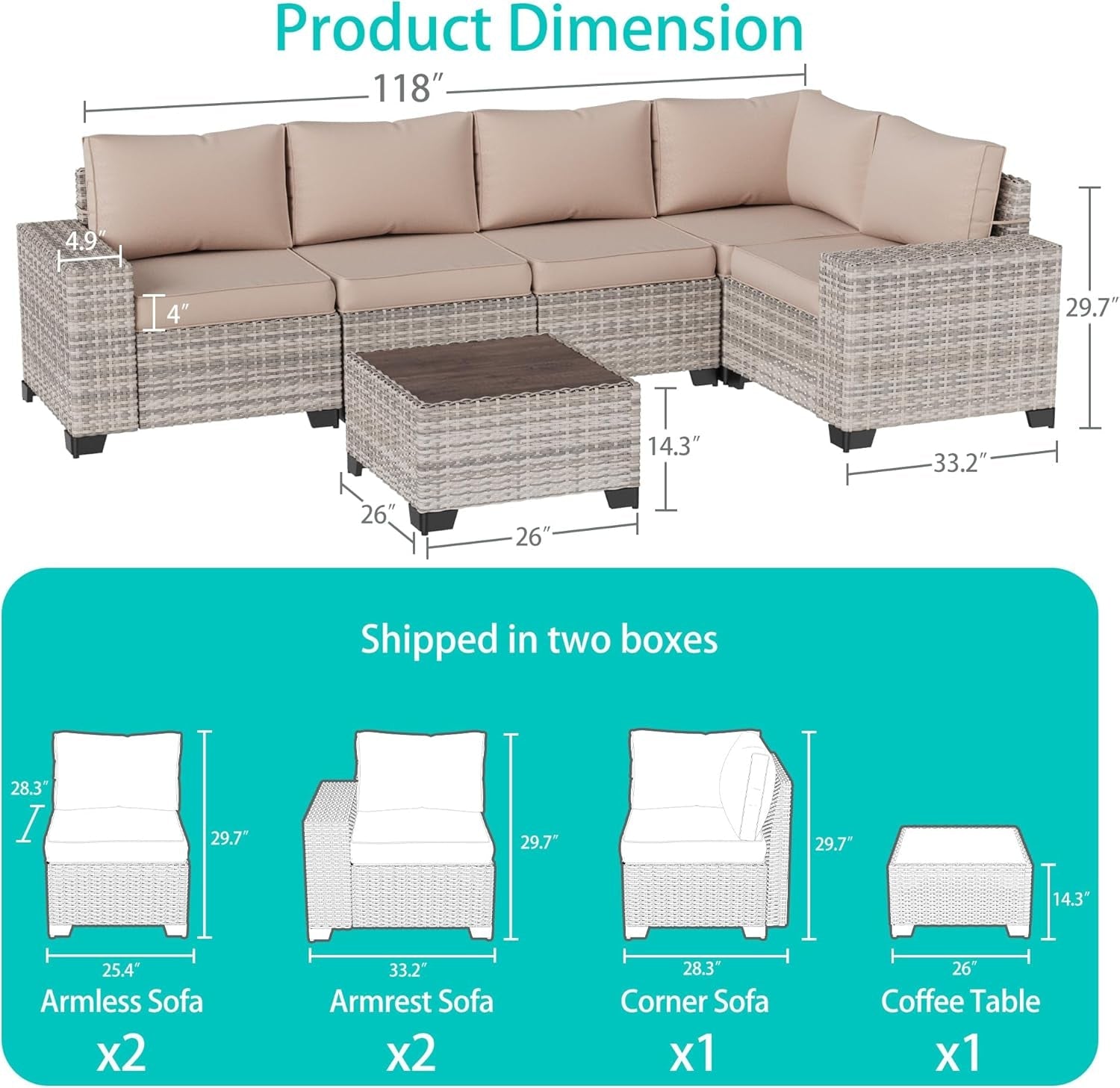 Beige 6 Piece Wicker Patio Sofa Set With Thick Cushions-1