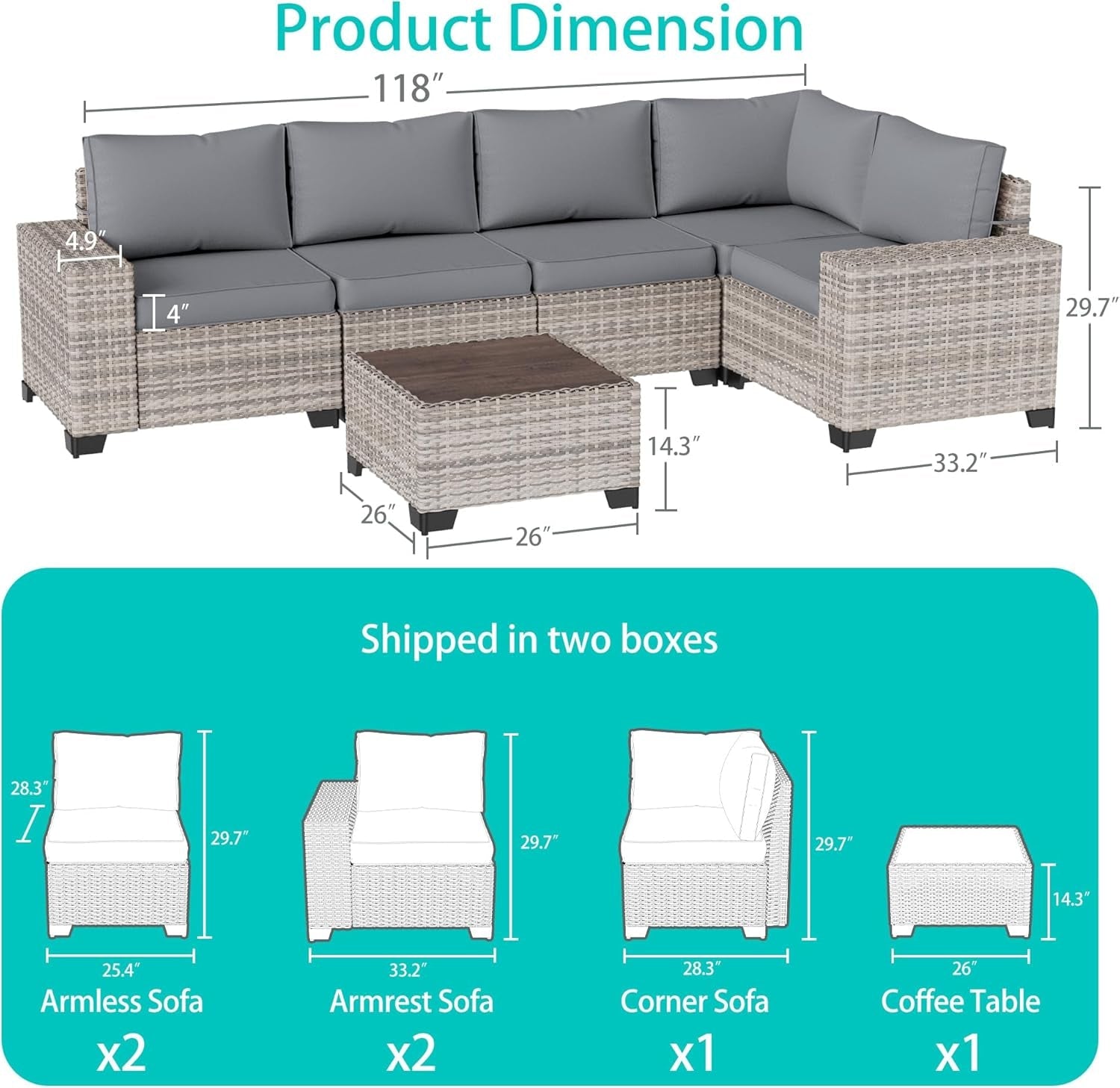 6-Piece Outdoor Wicker Patio Set With Grey Cushions-1