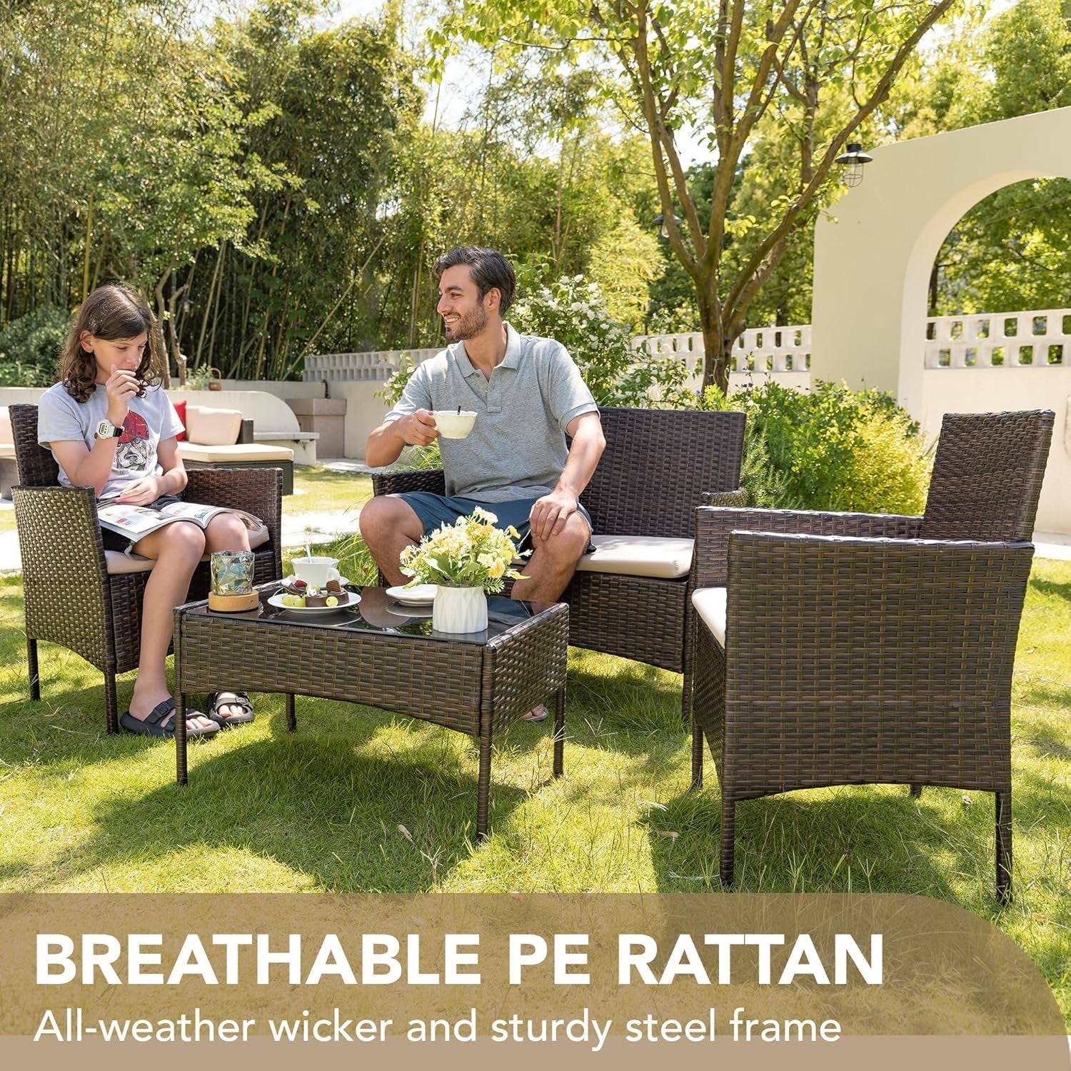 4 Piece PE Rattan Patio Furniture Set With Beige Cushions-1