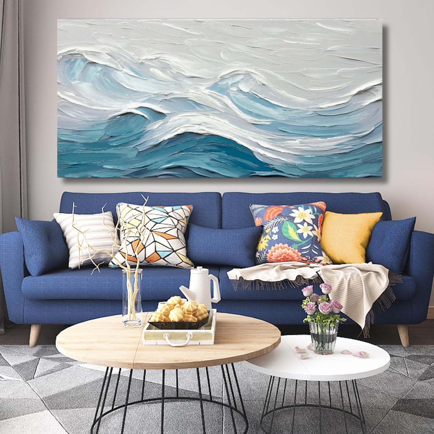 Blue White Abstract Canvas Wall Art 28x57 Inches Large-2