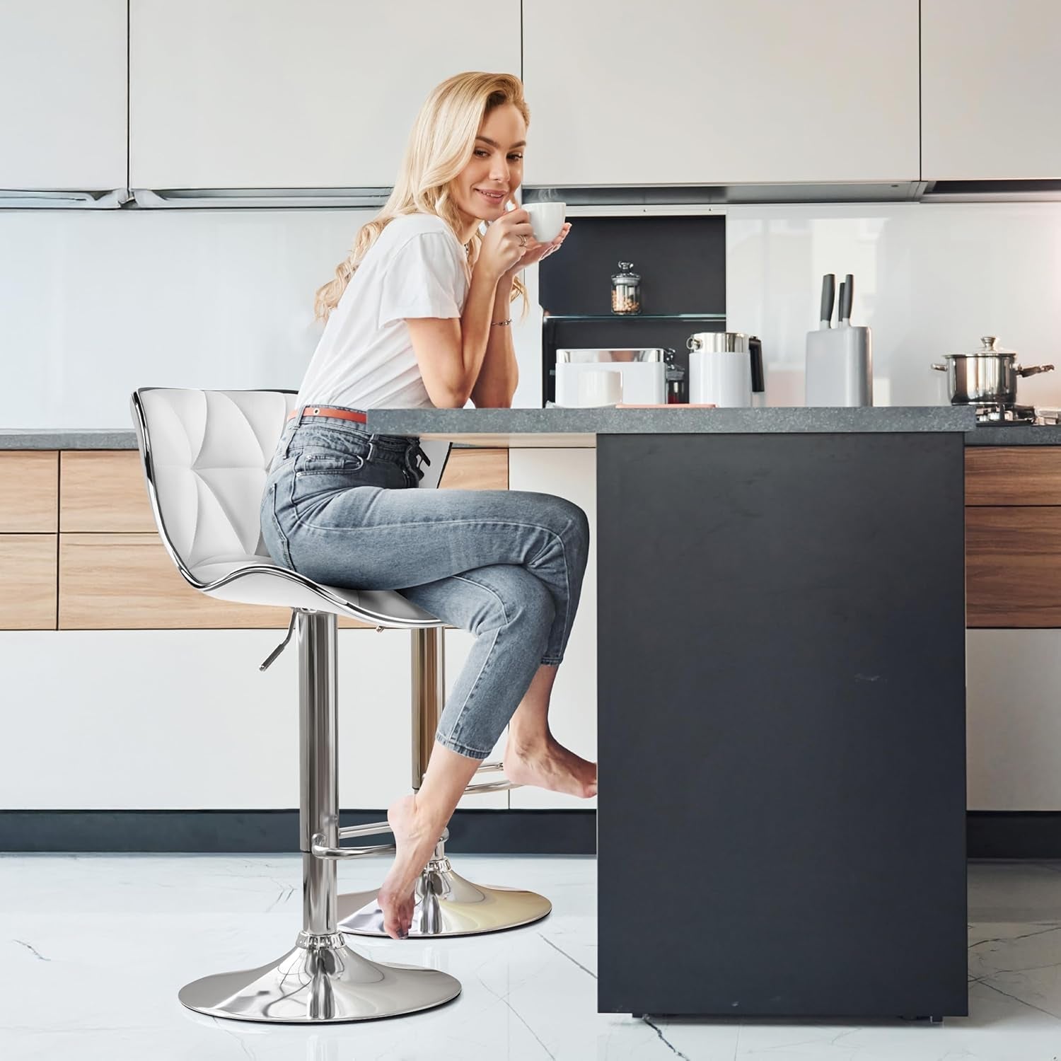 Bar Stools Set Of 2 White PU Leather Adjustable Swivel-4