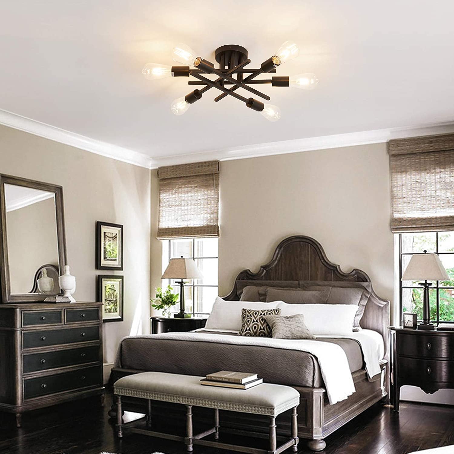 Six Light Black Matte Sputnik Chandelier Semi Flush Ceiling Light-1