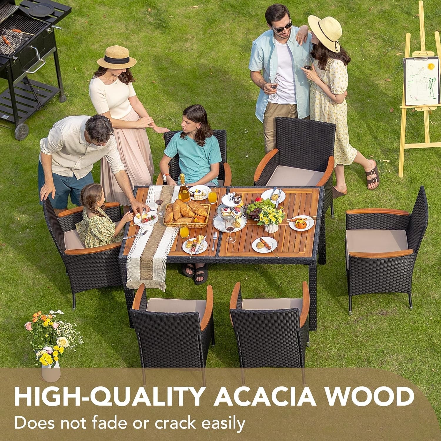 7 Piece Patio Dining Set Acacia Wood Table Black Rattan-1