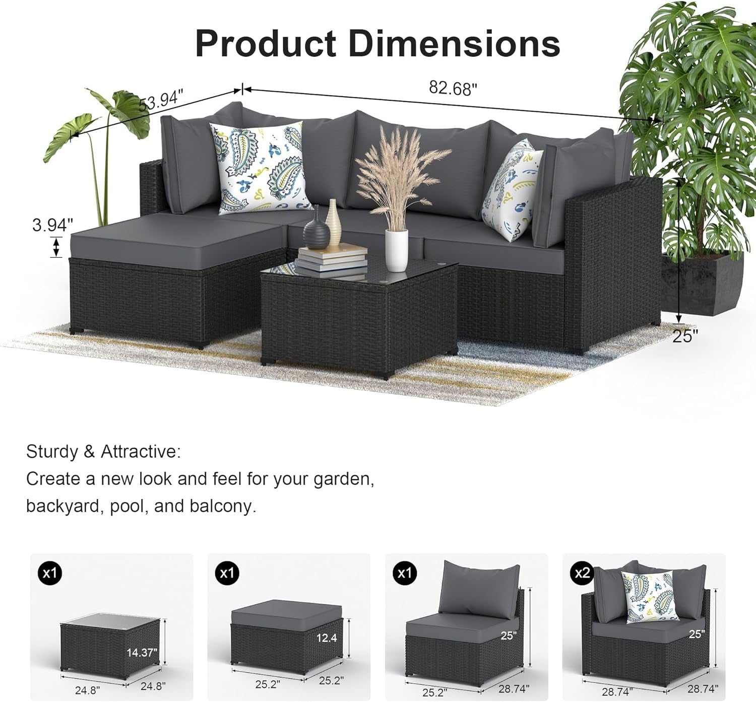 5 Piece Patio Furniture Set Waterproof Rattan Grey Cushions-2