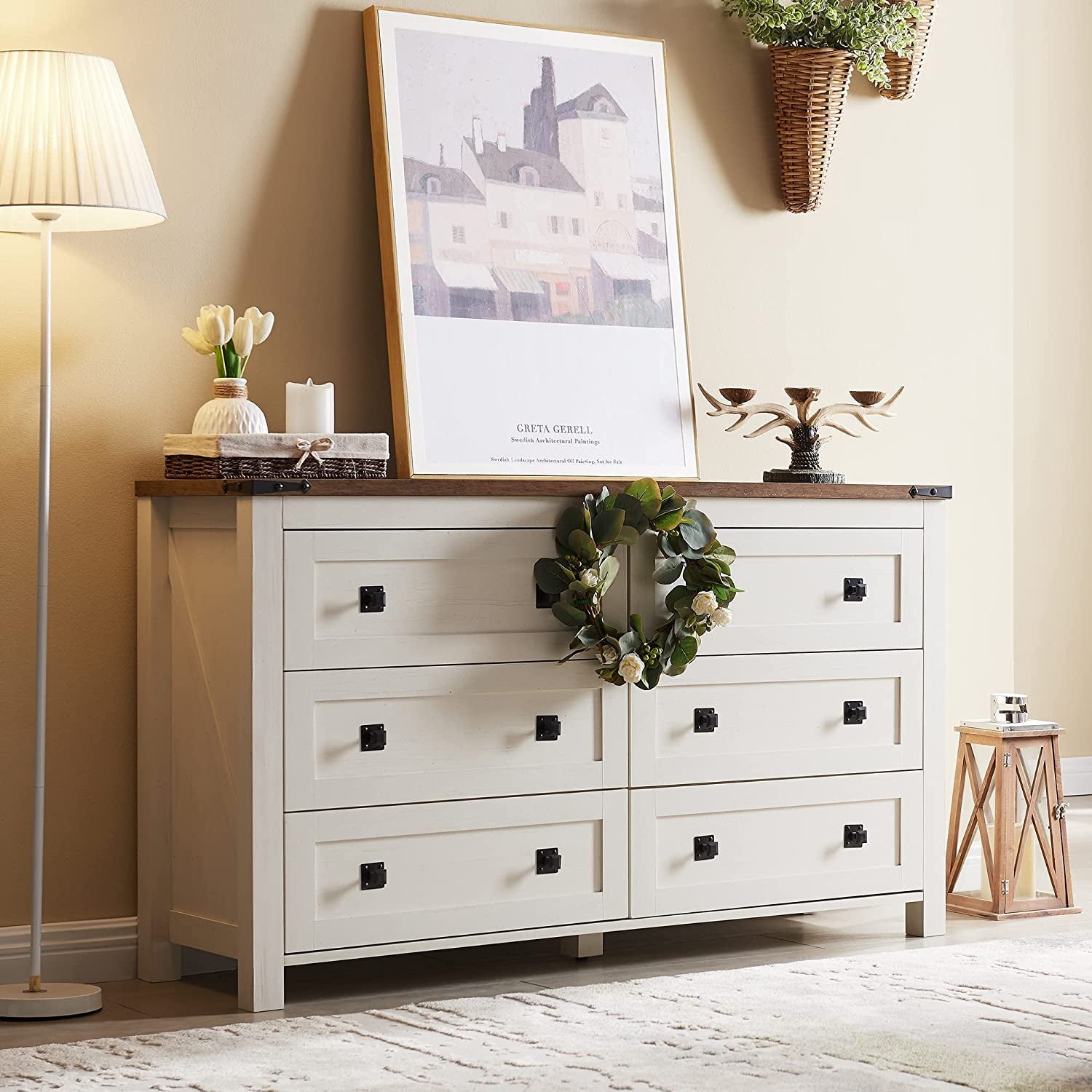 Rustic White Dresser with 6 Drawers for Bedroom Storage-1