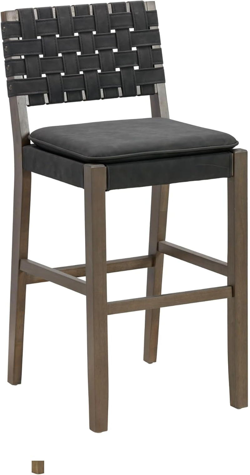 Cohen Mid-Century Modern 29 In. Wood Bar Stool, Upholstered Faux Leather Bar Height Stool with Solid Wood Frame, Black