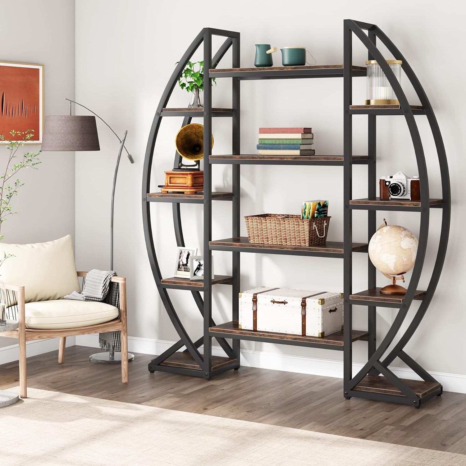 Oval 55 Inch Brown IndustrialDisplay Etagere Bookcase-2