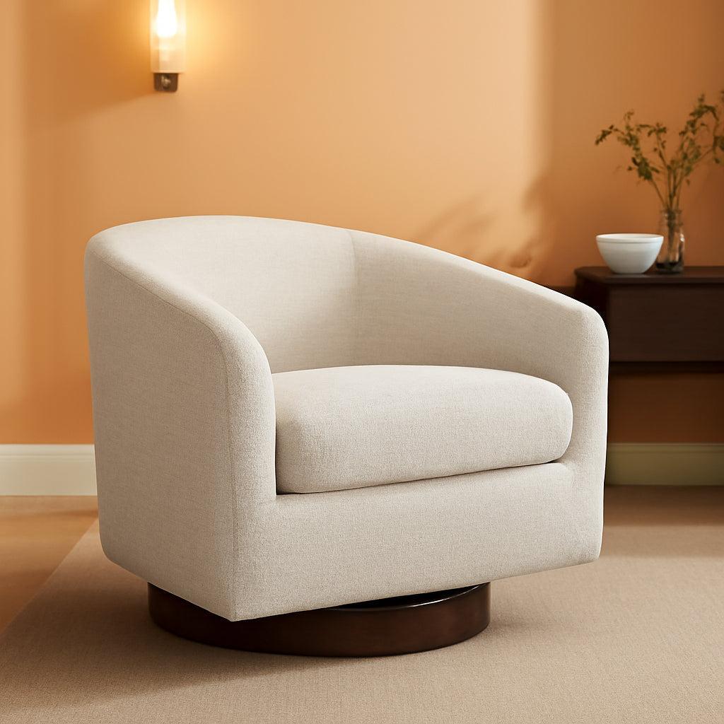 Ivory Swivel Barrel Chair Upholstered Fabric Living Room-0