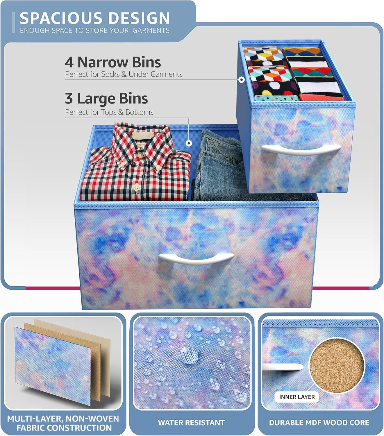 7 Drawer Kids Dresser With Tie Dye Fabric Bins And Wood Top-4