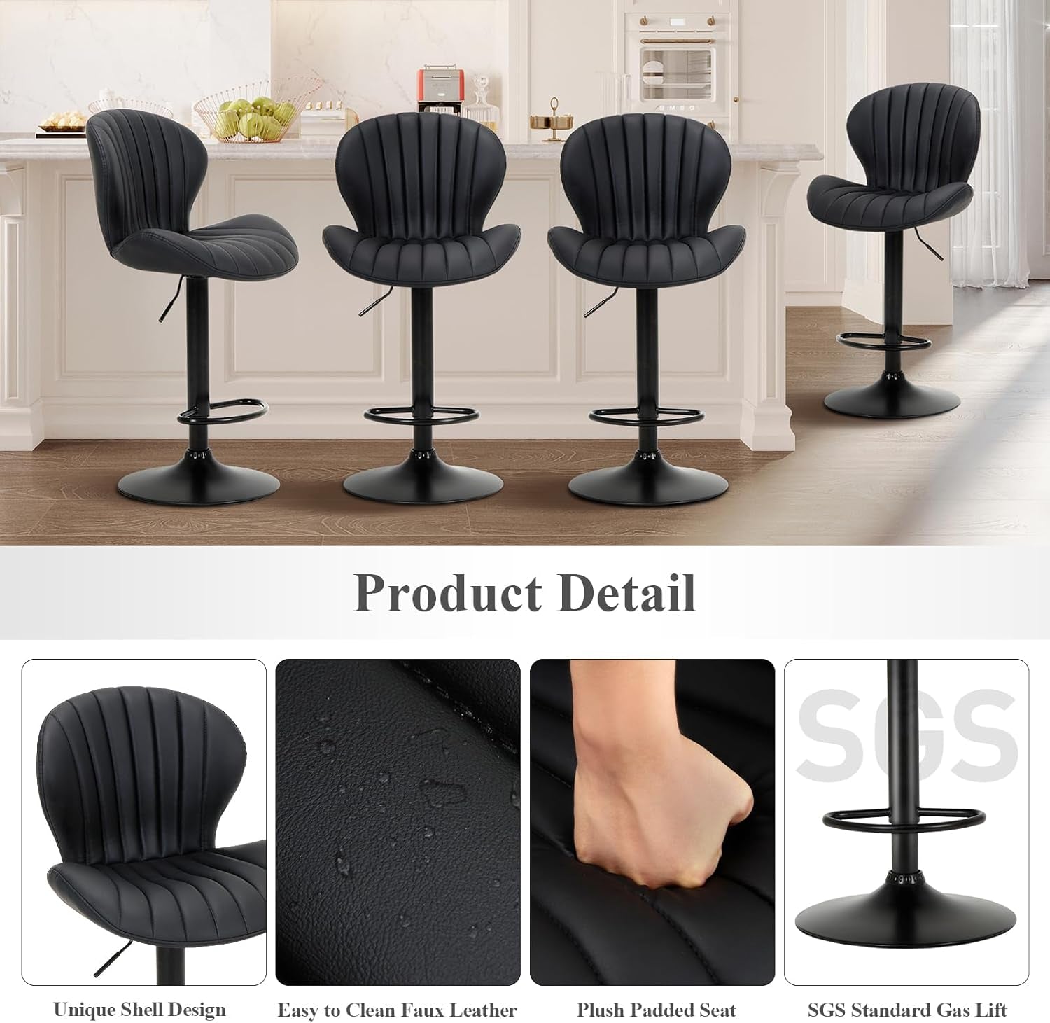 Black Adjustable Faux Leather Swivel Bar Stool Set Of Four-4