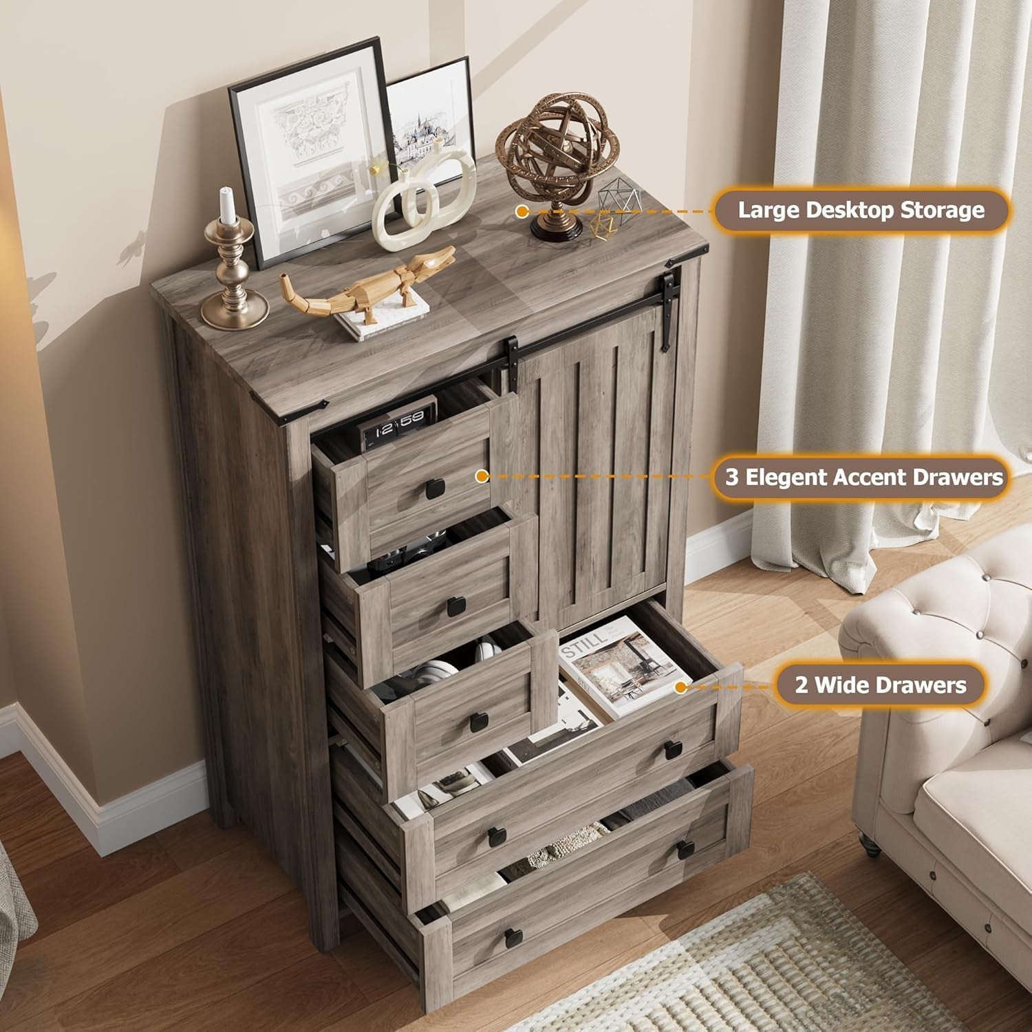 Grey Farmhouse Dresser 48Inch Five Drawer Organization-3