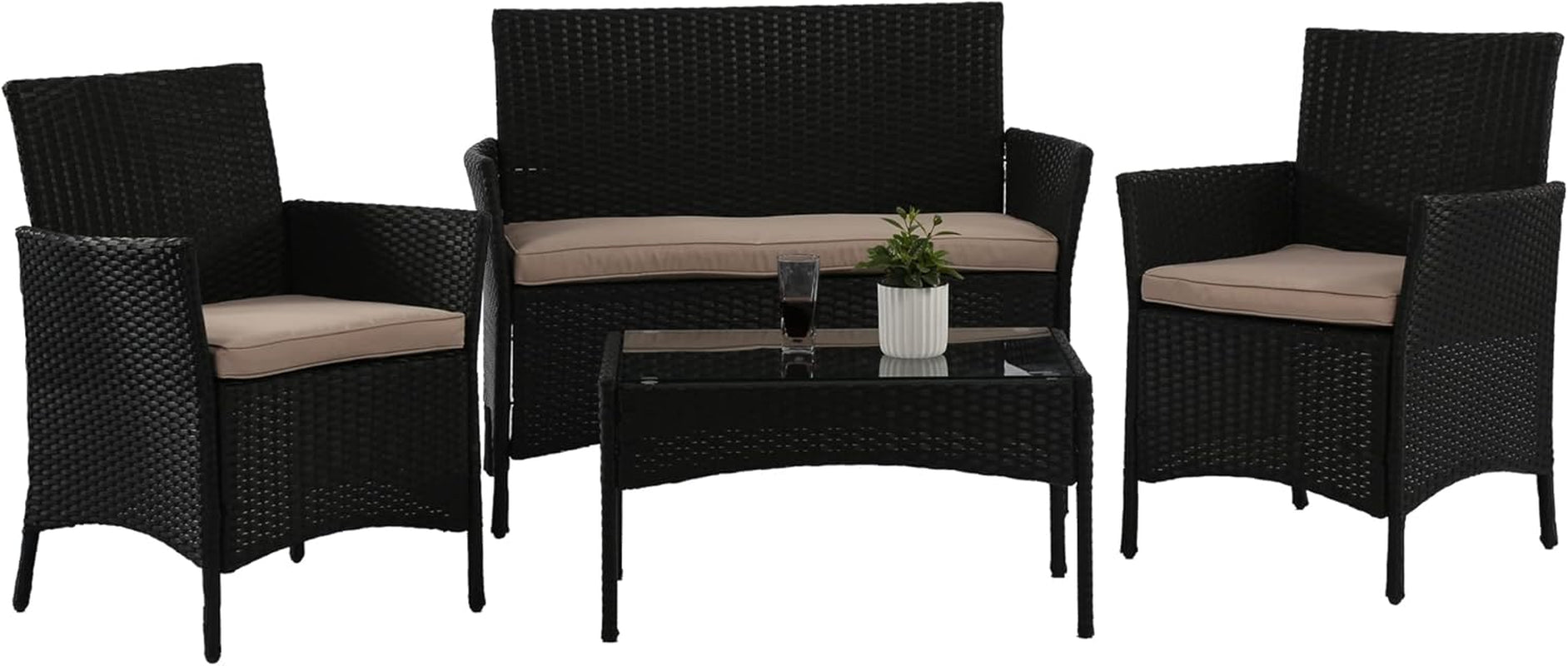 4 Piece Rattan Patio Set With Glass Table Black Cushions-1