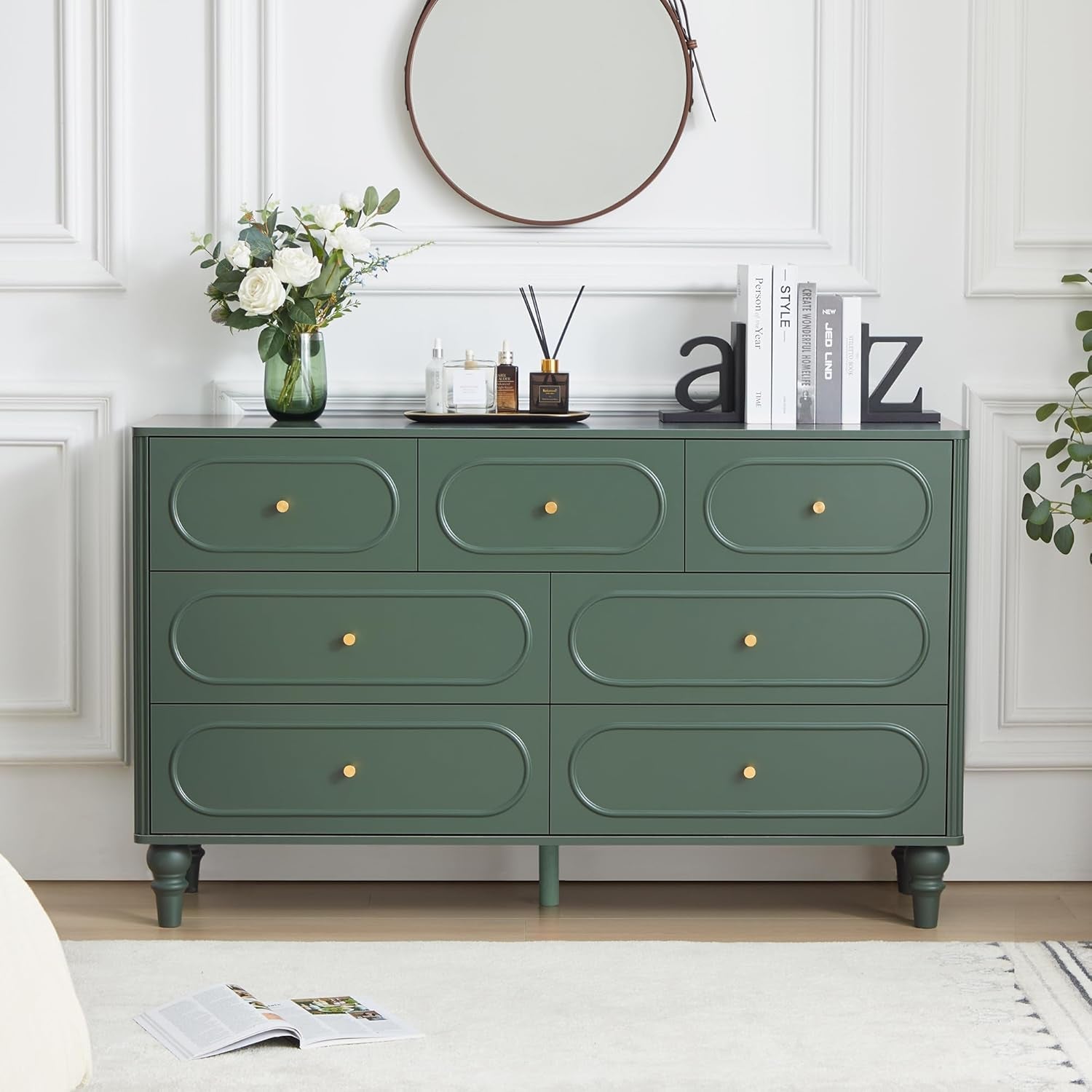 Emerald Green Fluted Seven Drawer Dresser Midcentury-2
