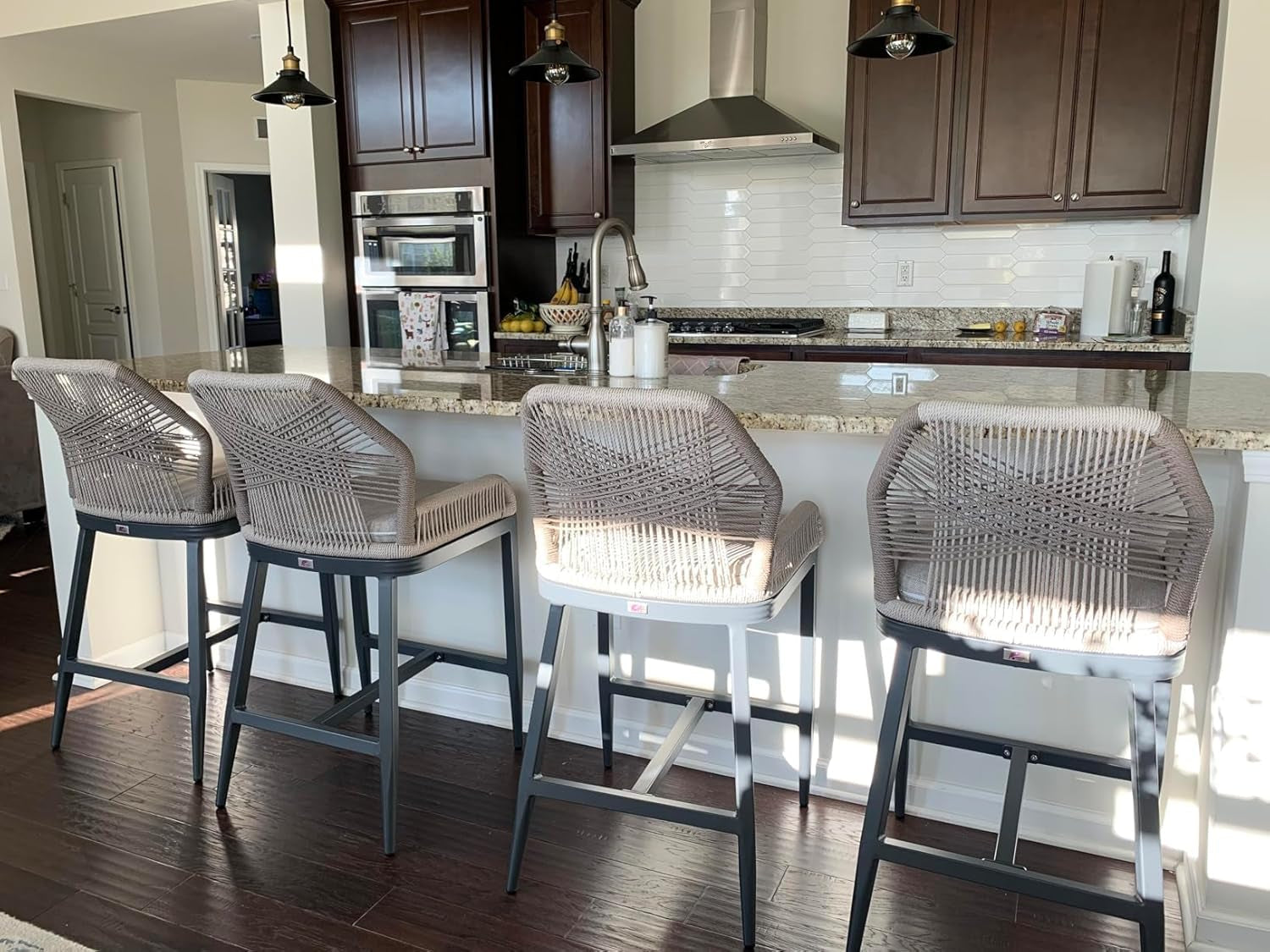 Counter Height Bar Stools Set of 4 Rattan Wicker Outdoor Metal Boho Barstools with Back and Footrest Patio Garden Balcony Pool Bar Chairs-1