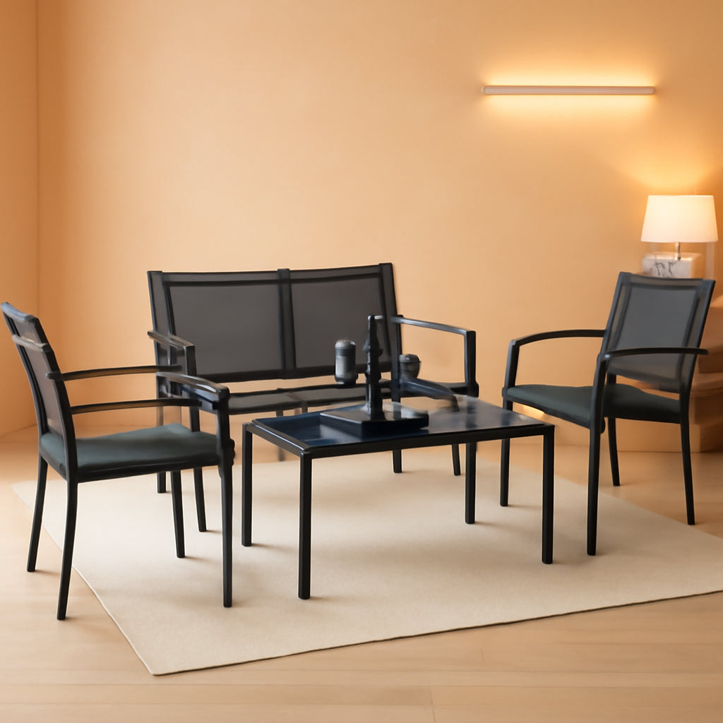 4 Piece Outdoor Patio Set With Glass Table Black Durable-0