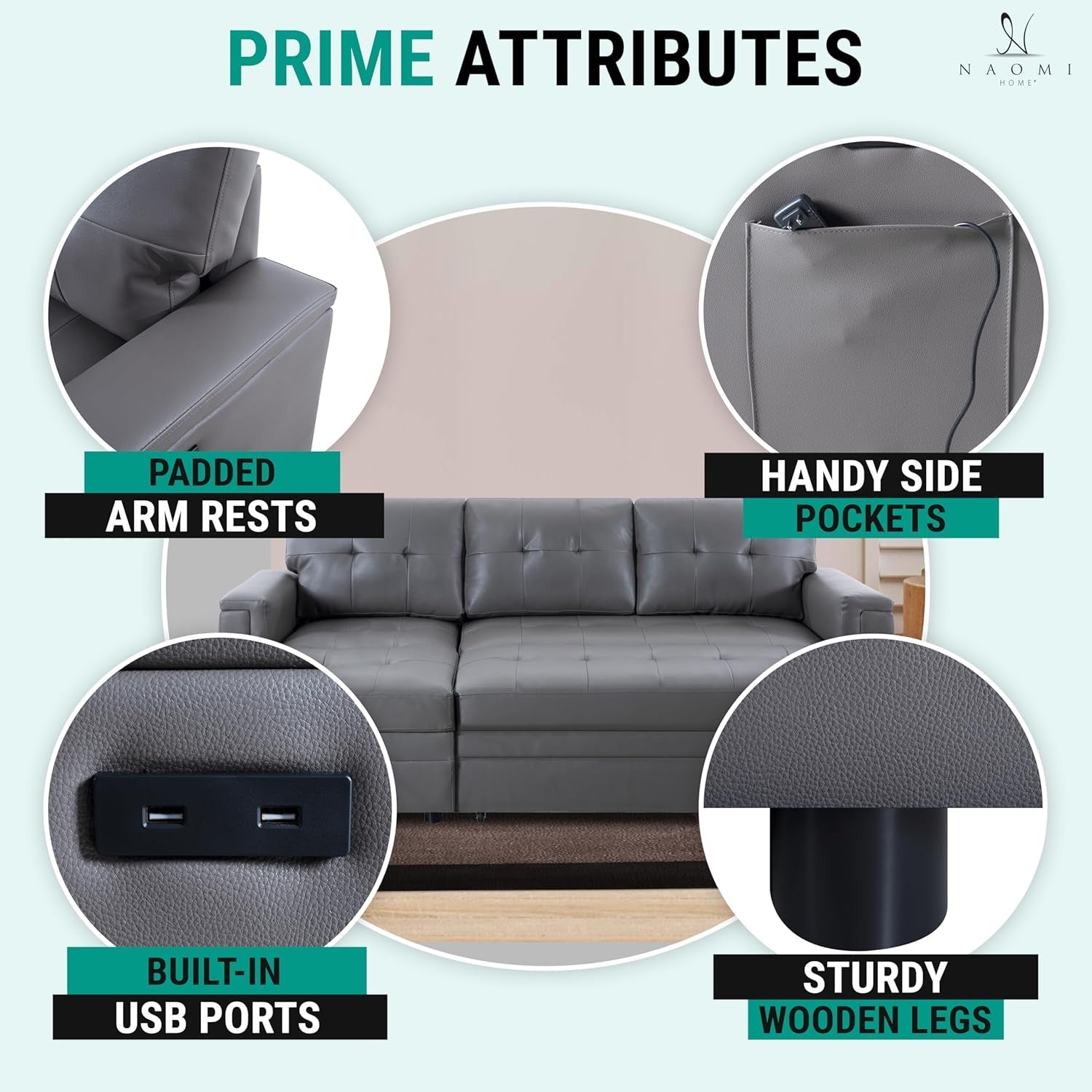L Shaped Sectional Sleeper Sofa With USB Ports Gray Leather-2