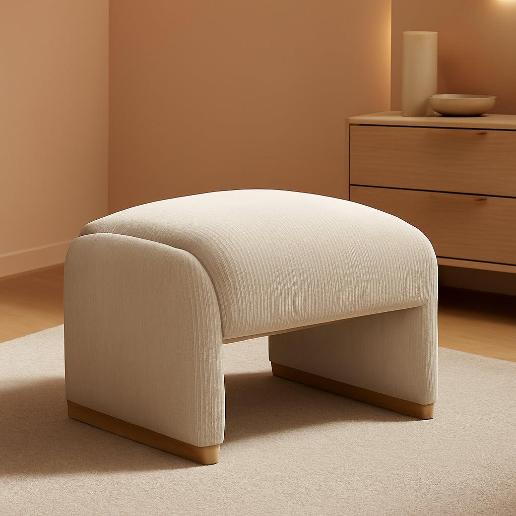 Beige Corduroy Ottoman With Contemporary Wood Legs-0