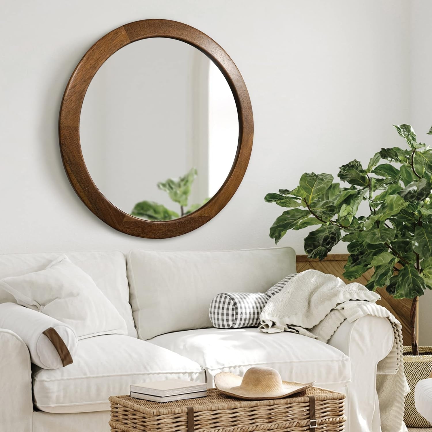 30 Inch Walnut Round Wall Mirror Rustic Style-0