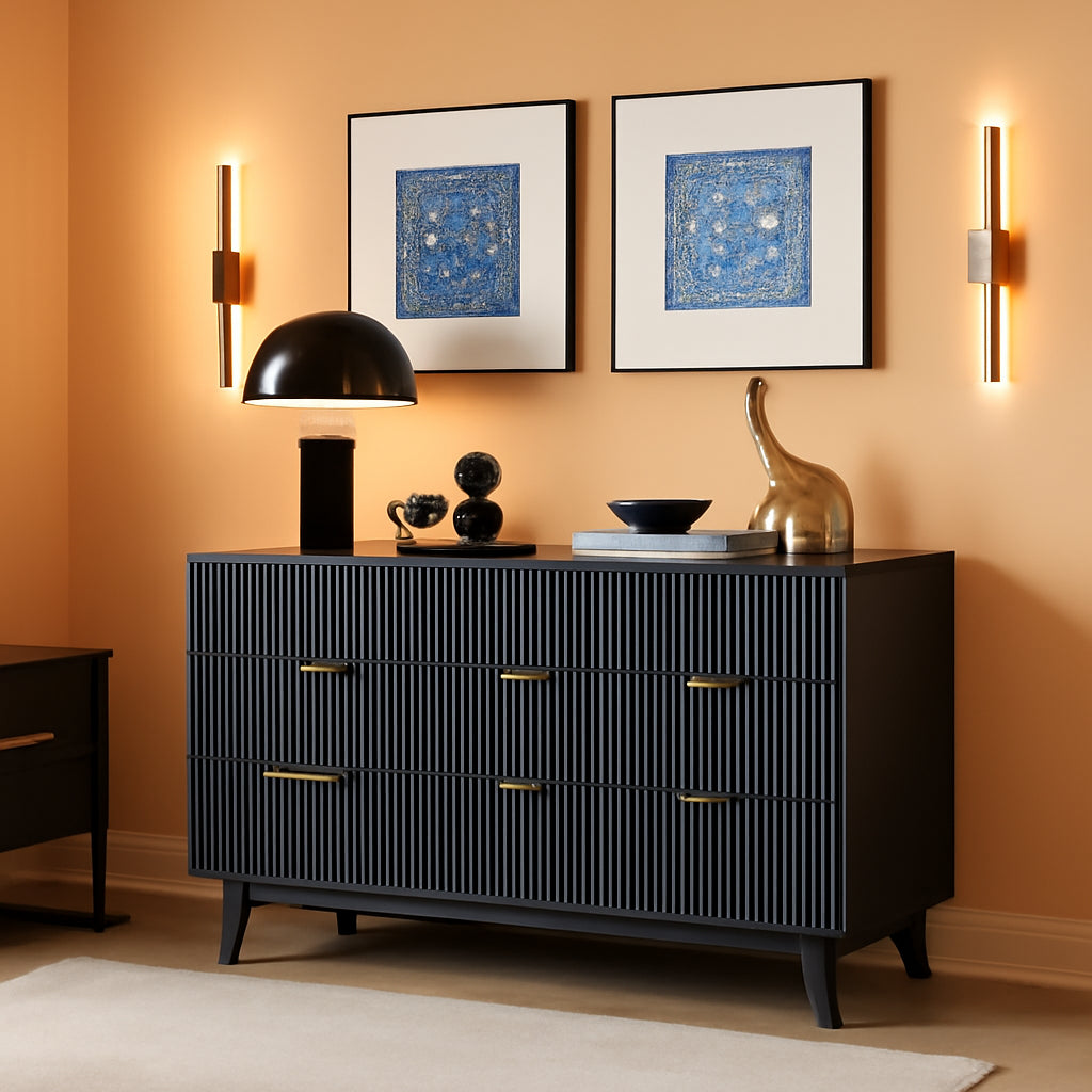 54 Inch Fluted Dresser With Dark Gray Faux Marble Top-0