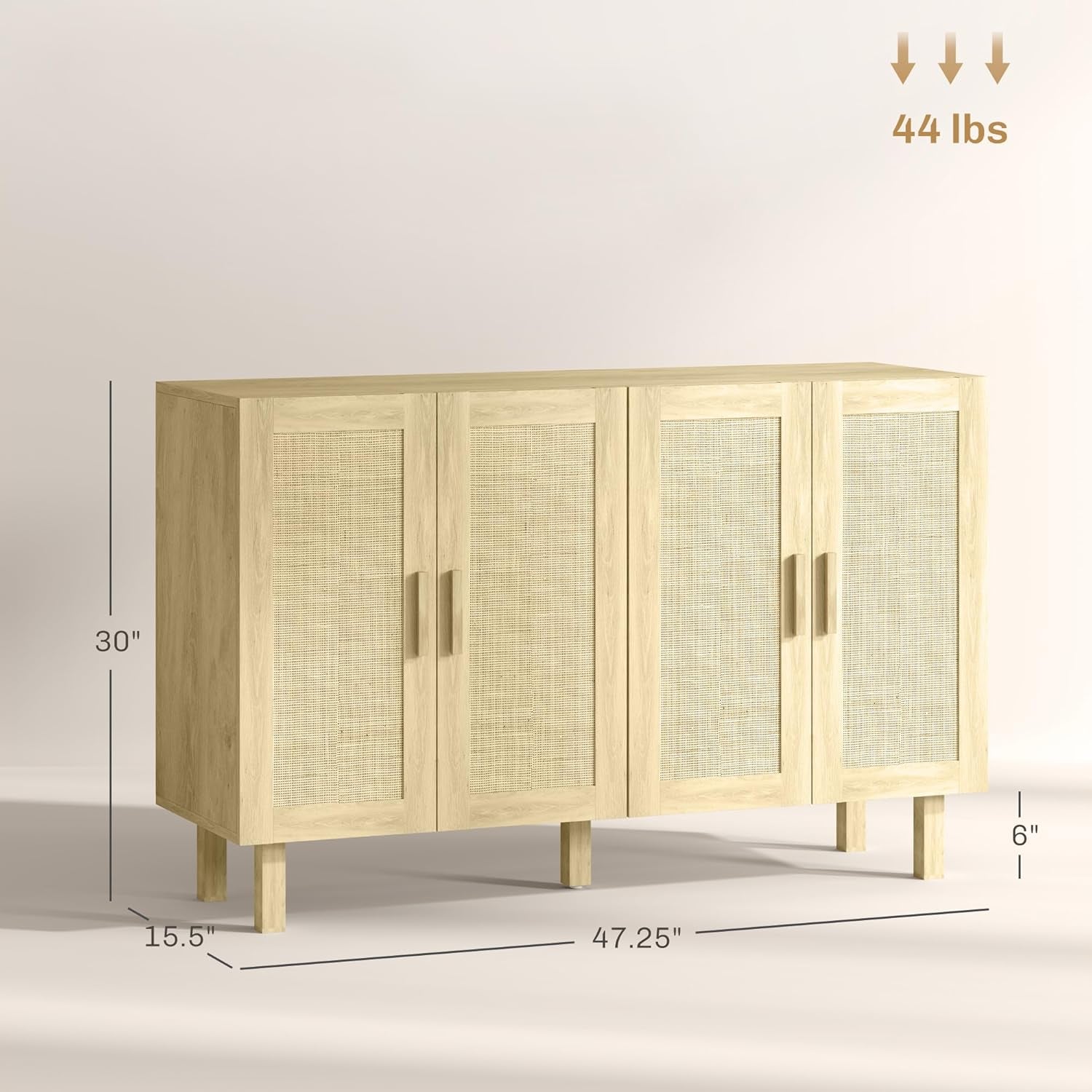 Sideboard Buffet Cabinet, Kitchen Cabinet, Coffee Bar Cabinet with 4 Rattan Doors and Adjustable Shelves, Natural-2