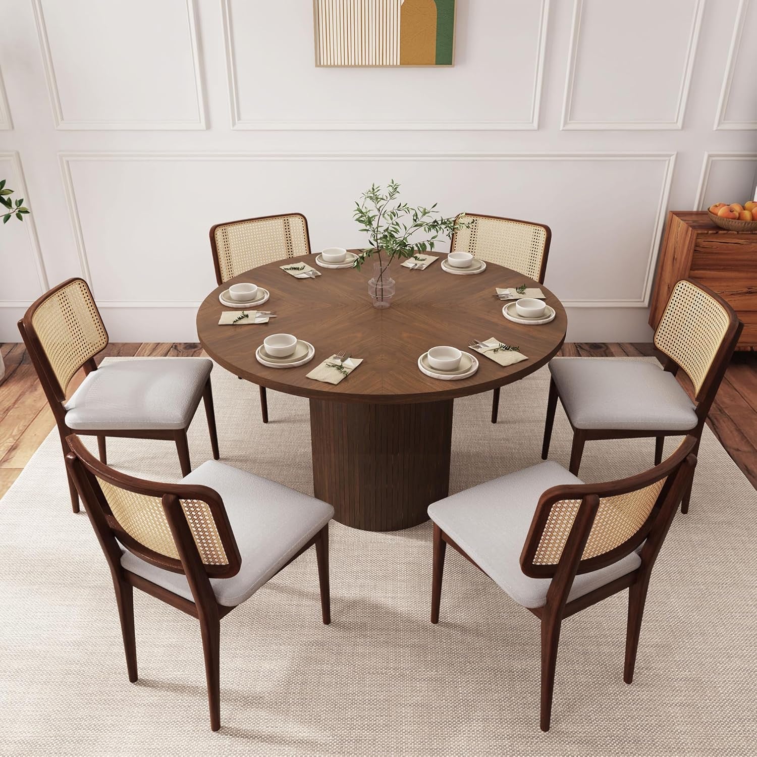 47 Inch round Dining Table, Farmhouse Fluted Dining Kitchen Table, Modern Wood Small Circle Dining Table for Kitchen Living Room, Walnut-2