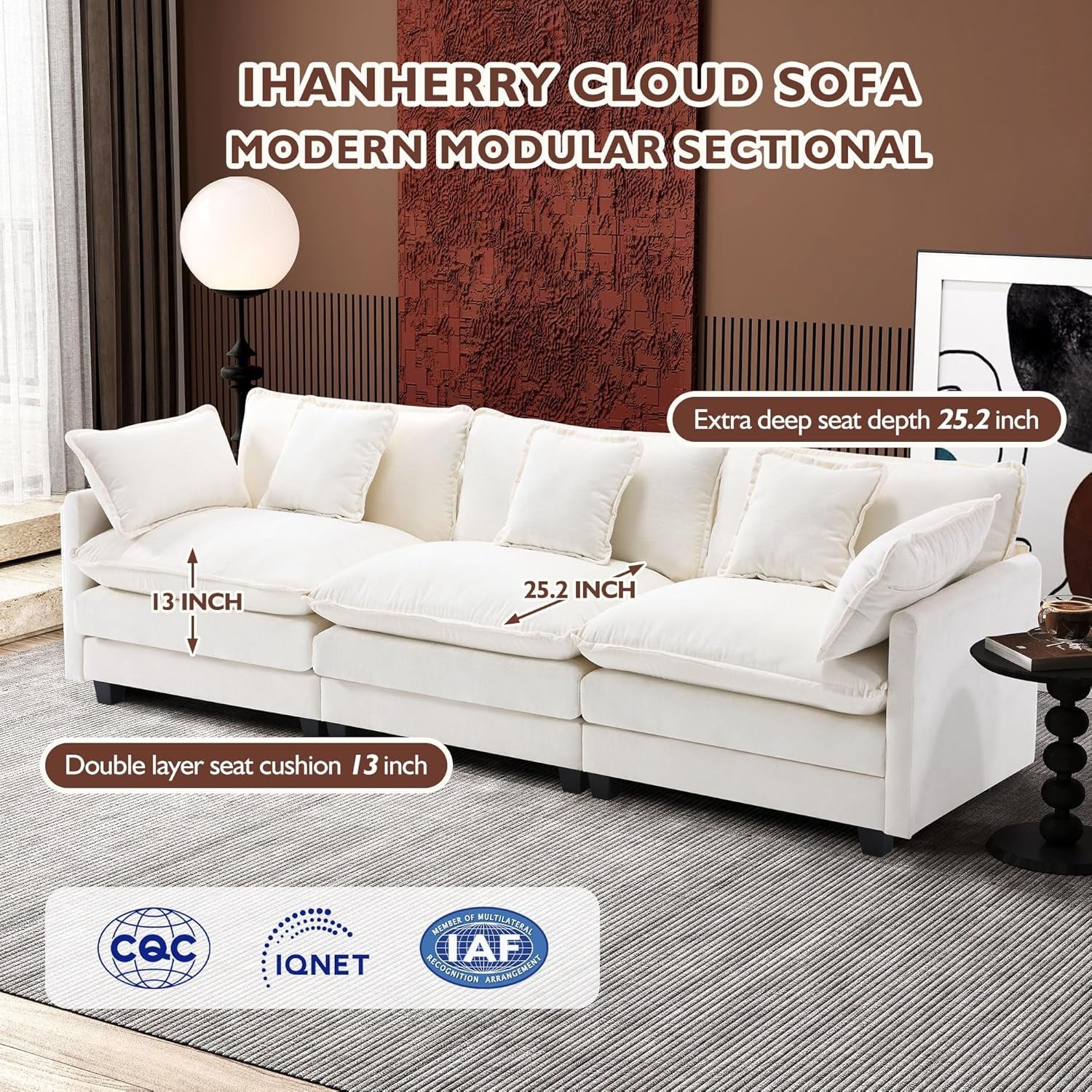 111.4 Inch 3-Seater Cloud Sofa, Modular Sectional Couch, Modern Deep Seat Sofa for Living Room, Comfy Double Layer Upholstered Seat Cushion, Breathable Chenille Fabric, Beige-1