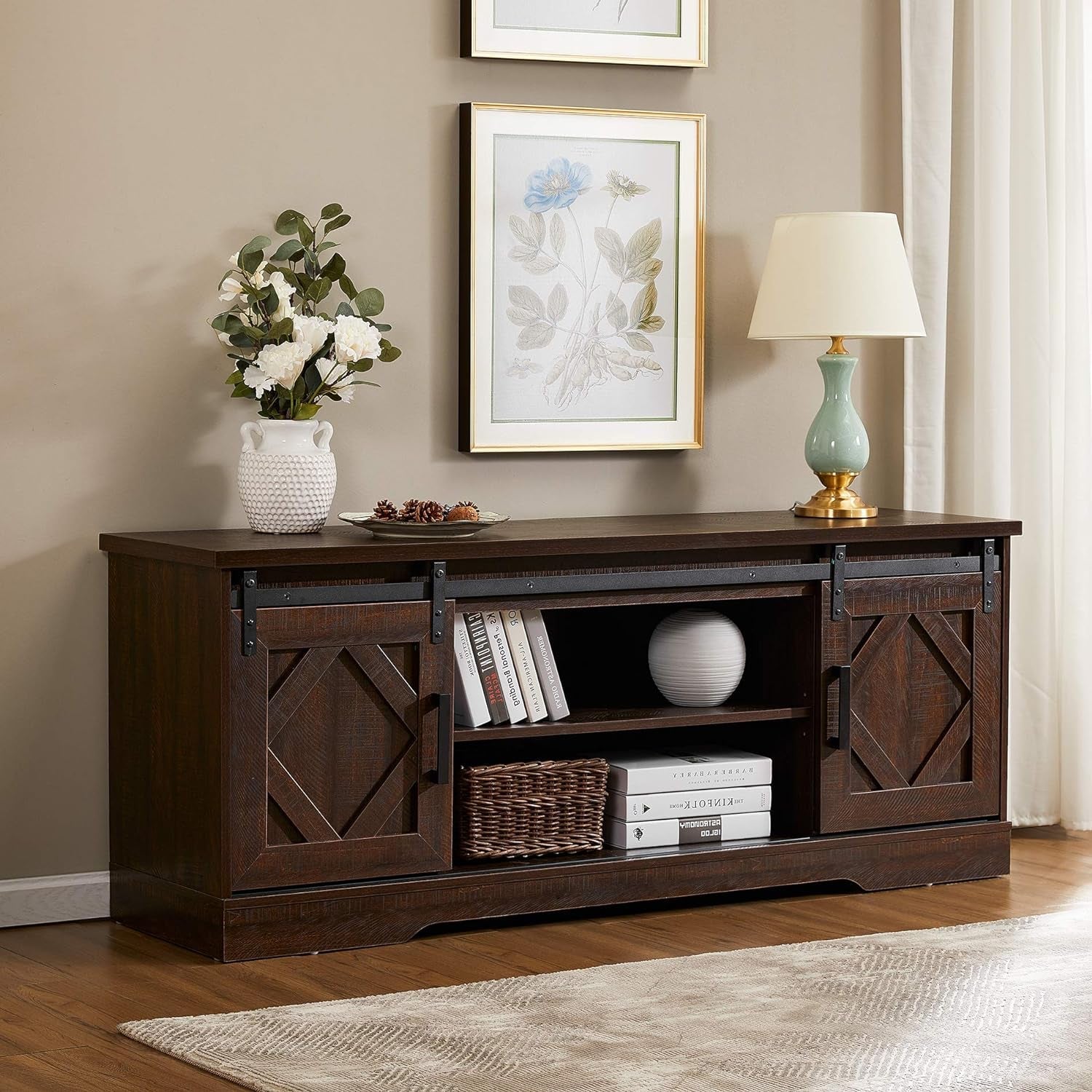 Farmhouse TV Stand Modern Sliding Barn Door Entertainment Center for Tvs up to 65 Inch, Wood TV Media Console Table Cabinet Storage for Living Room, Rustic Brown-1