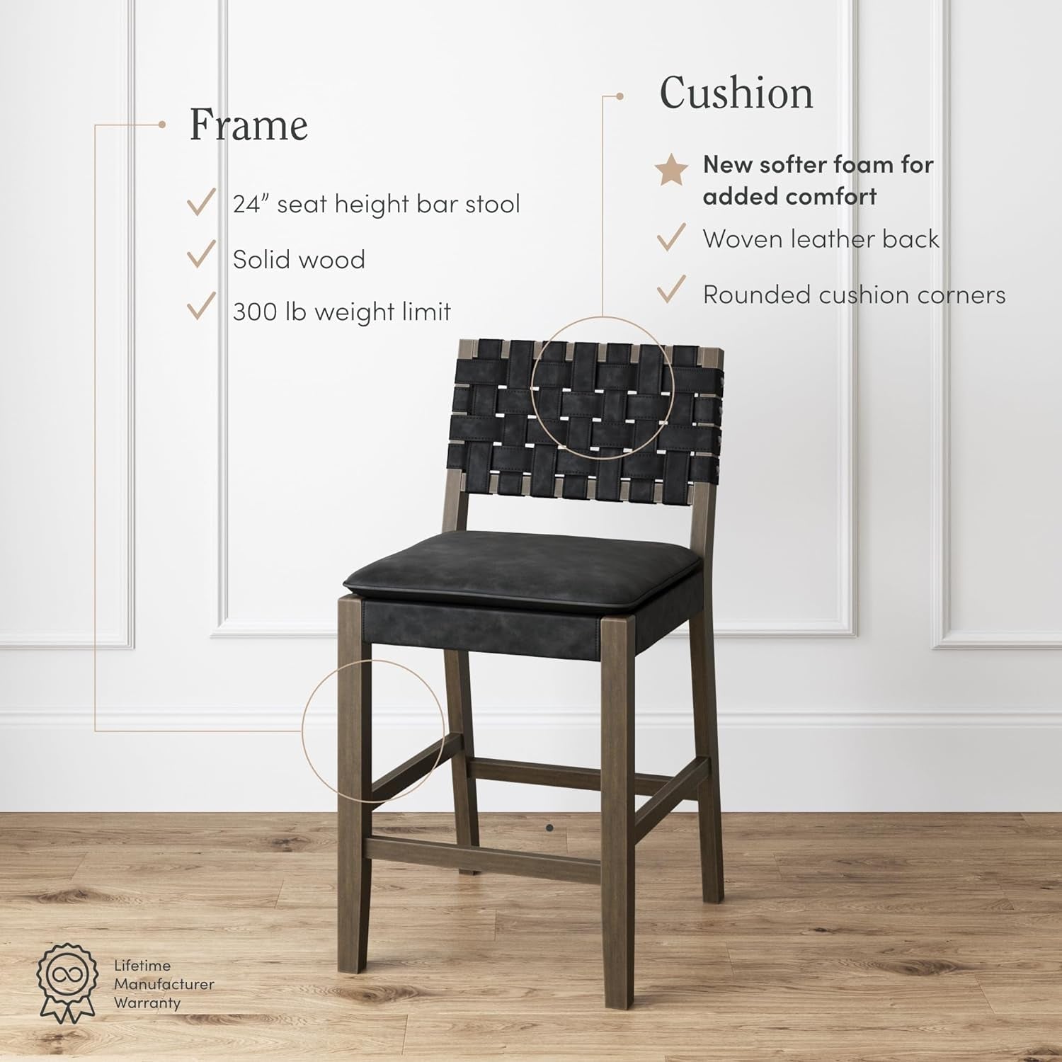 Cohen Mid-Century Modern Leather Bar Stool, Counter Height Chair in Solid Wood Frame with Footrest and Woven Leather Back for Kitchen, Black