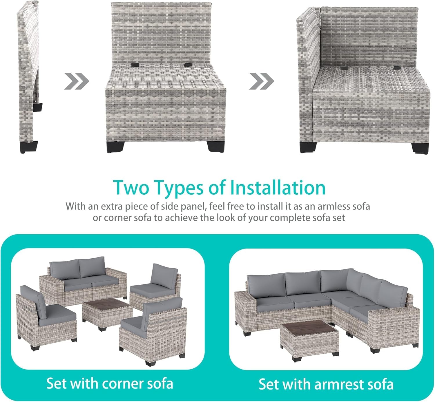 6-Piece Outdoor Wicker Patio Set With Grey Cushions-3