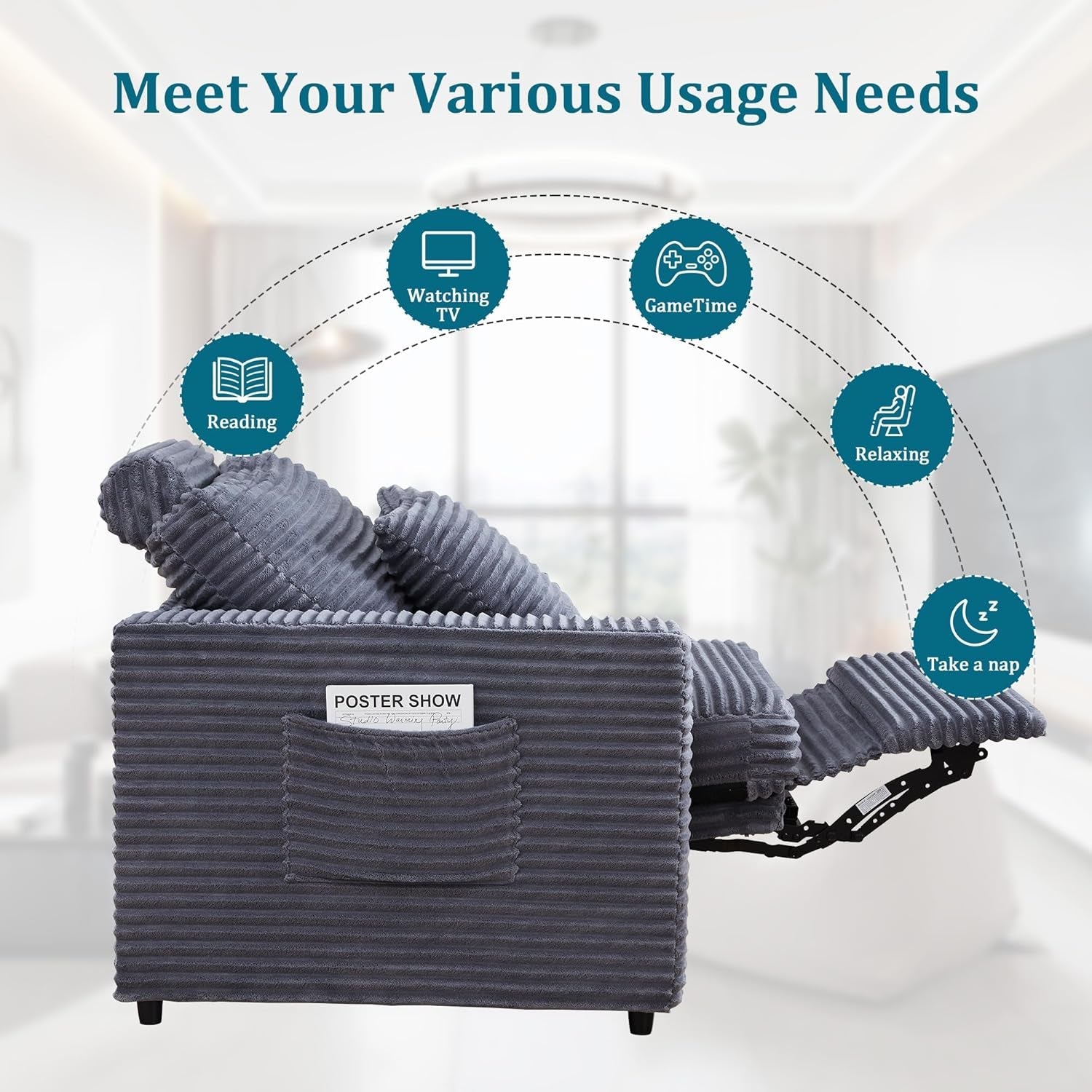 Blue Modular Sectional Sofa With Electric Recliners-3