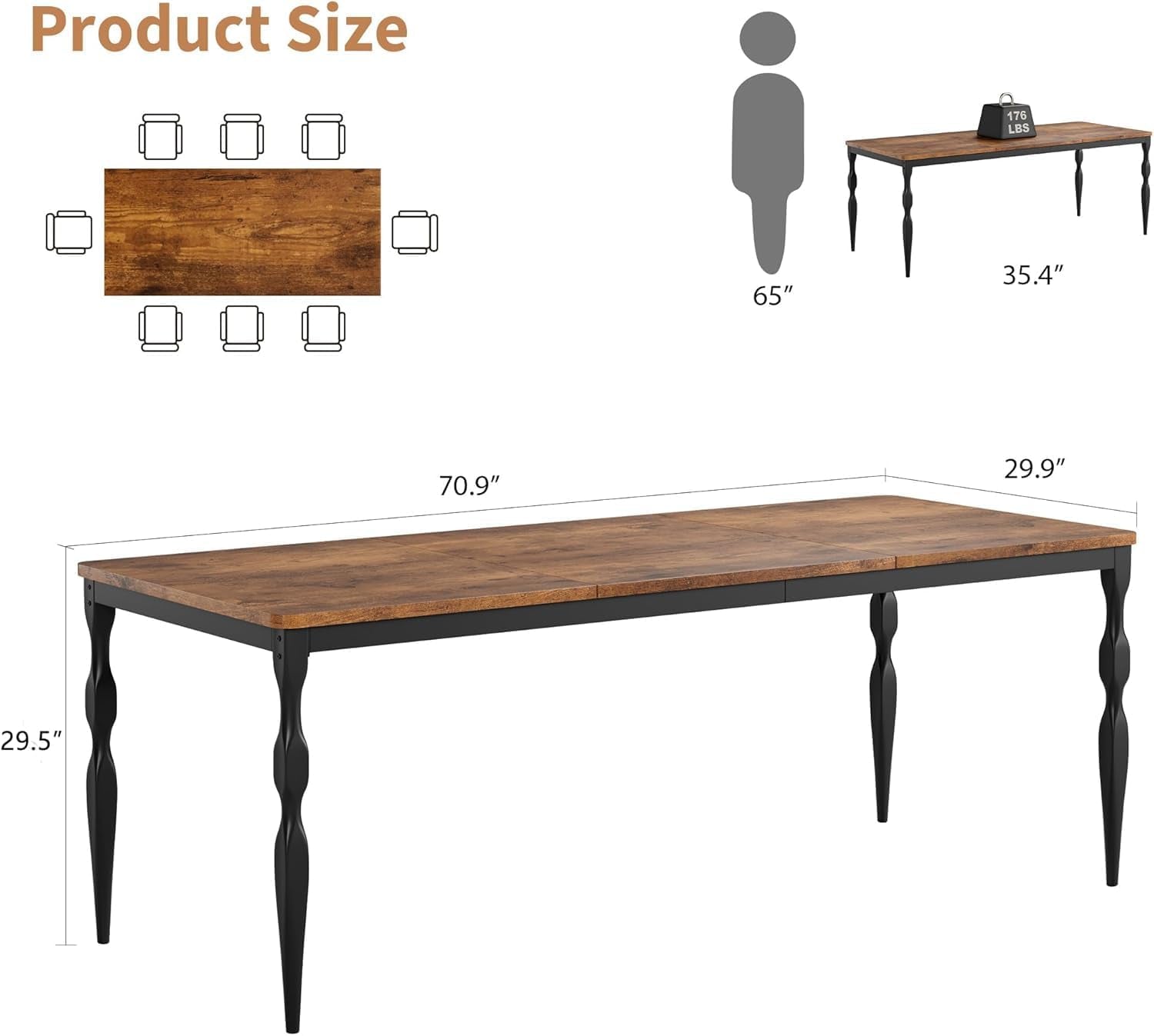 71 Inch Farmhouse RectangularHeavyDuty Dining Table Brown-1