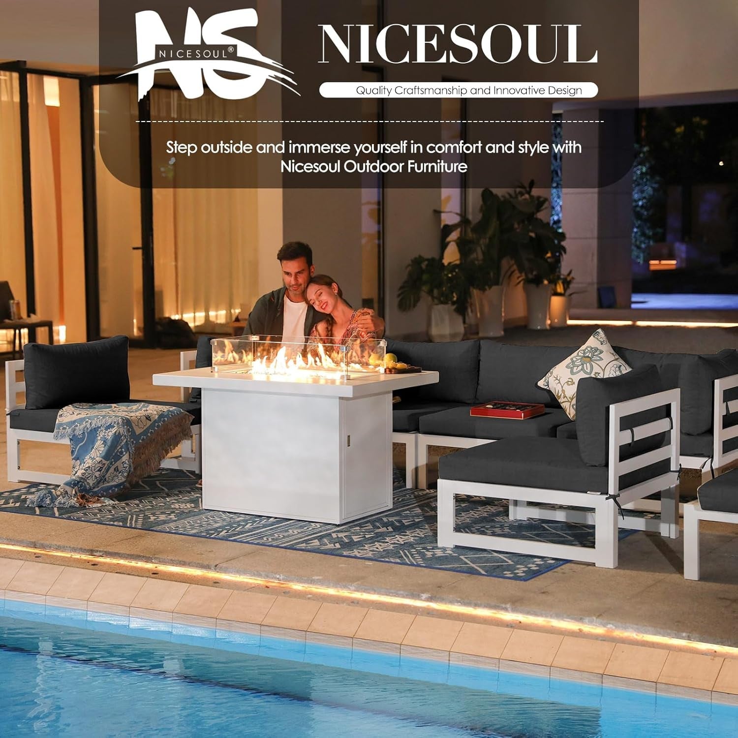 White Aluminum Outdoor Patio Furniture Set With Fire Pit-4