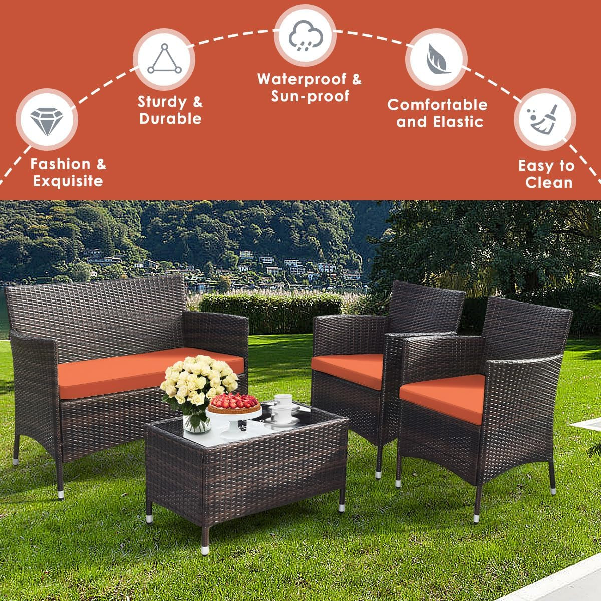 Rattan Patio Set With Cushioned Chairs And Glass Table-3