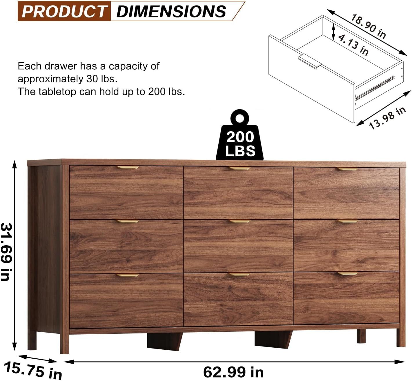 Dresser SixtyThree Inches Chestnut Finish Nine Drawer-1