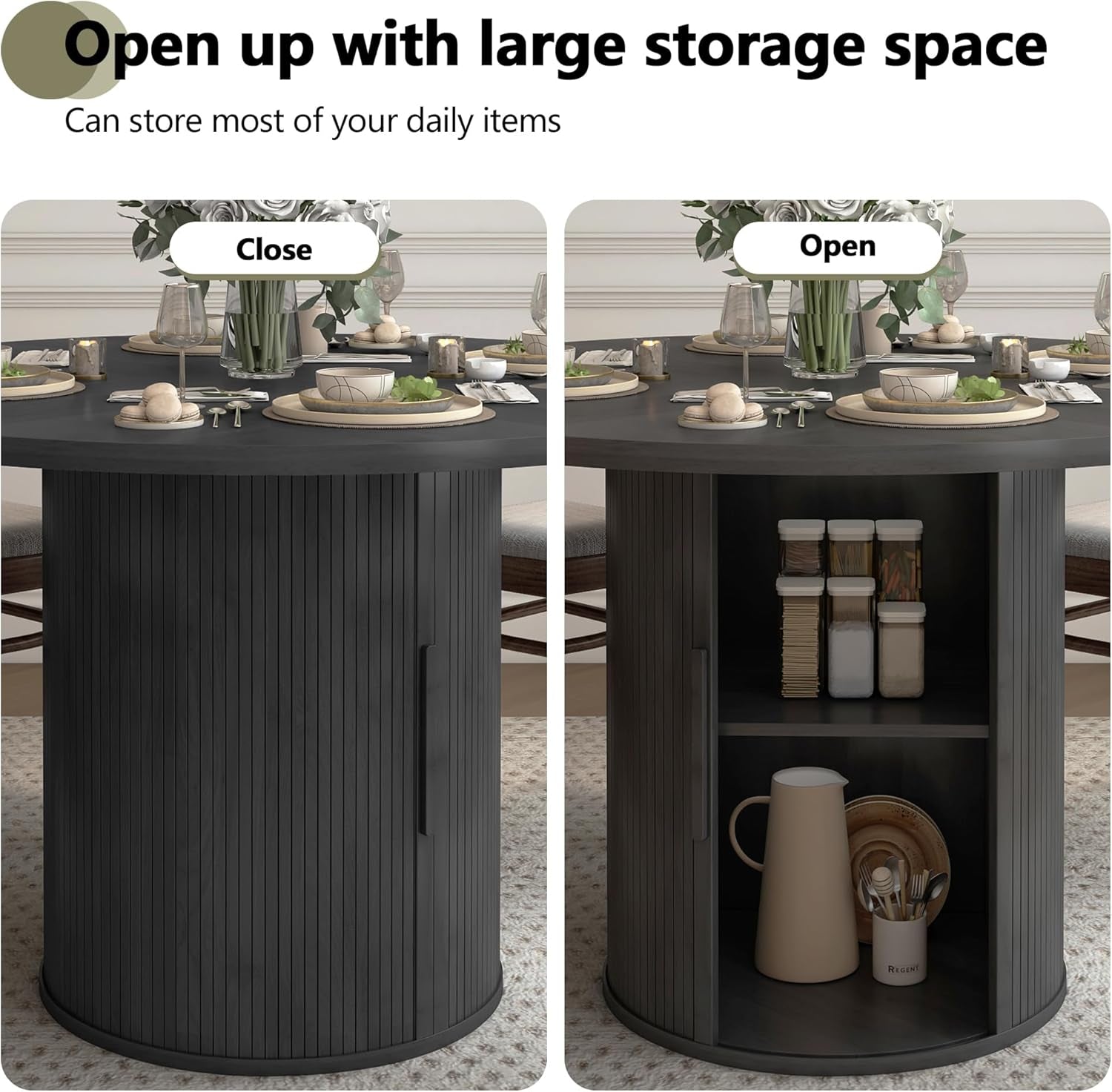 47 Inch round Dining Table for 4, Kitchen Table Dinner Table with 2-Layer Storage Shelf and Wood Slide Door for Home Dining Room Living Room (Black)-4