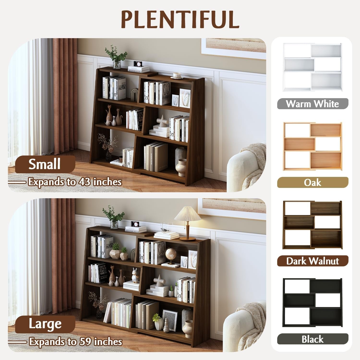 Three Tier Extendable Wooden Shelf Bookcase Walnut-4