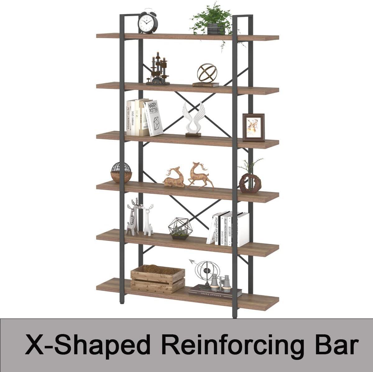 Rustic Oak 6 Tier Tall Bookcase With Metal Frame Display-3