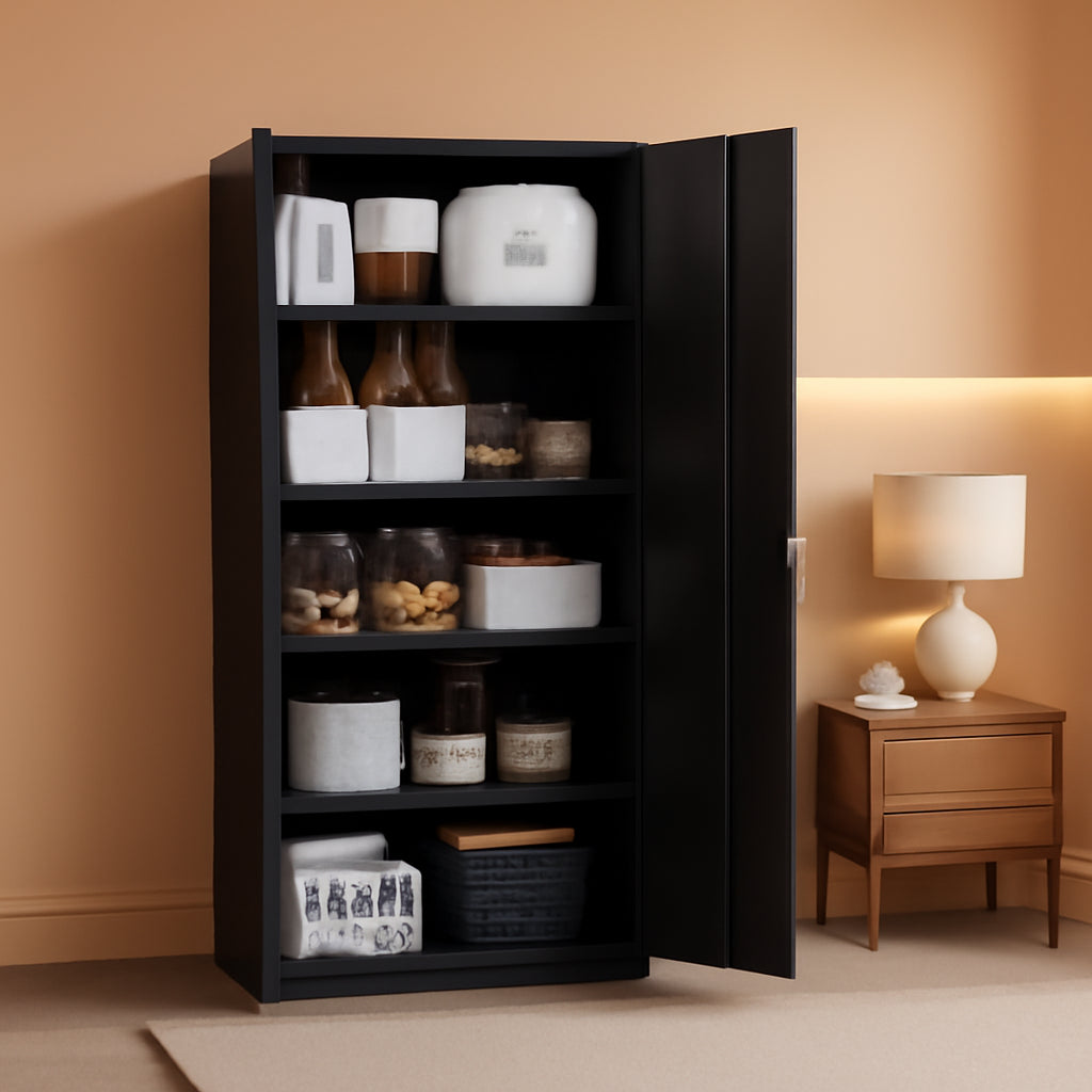 Black Metal Storage Cabinet With Lock And Shelves Garage-0