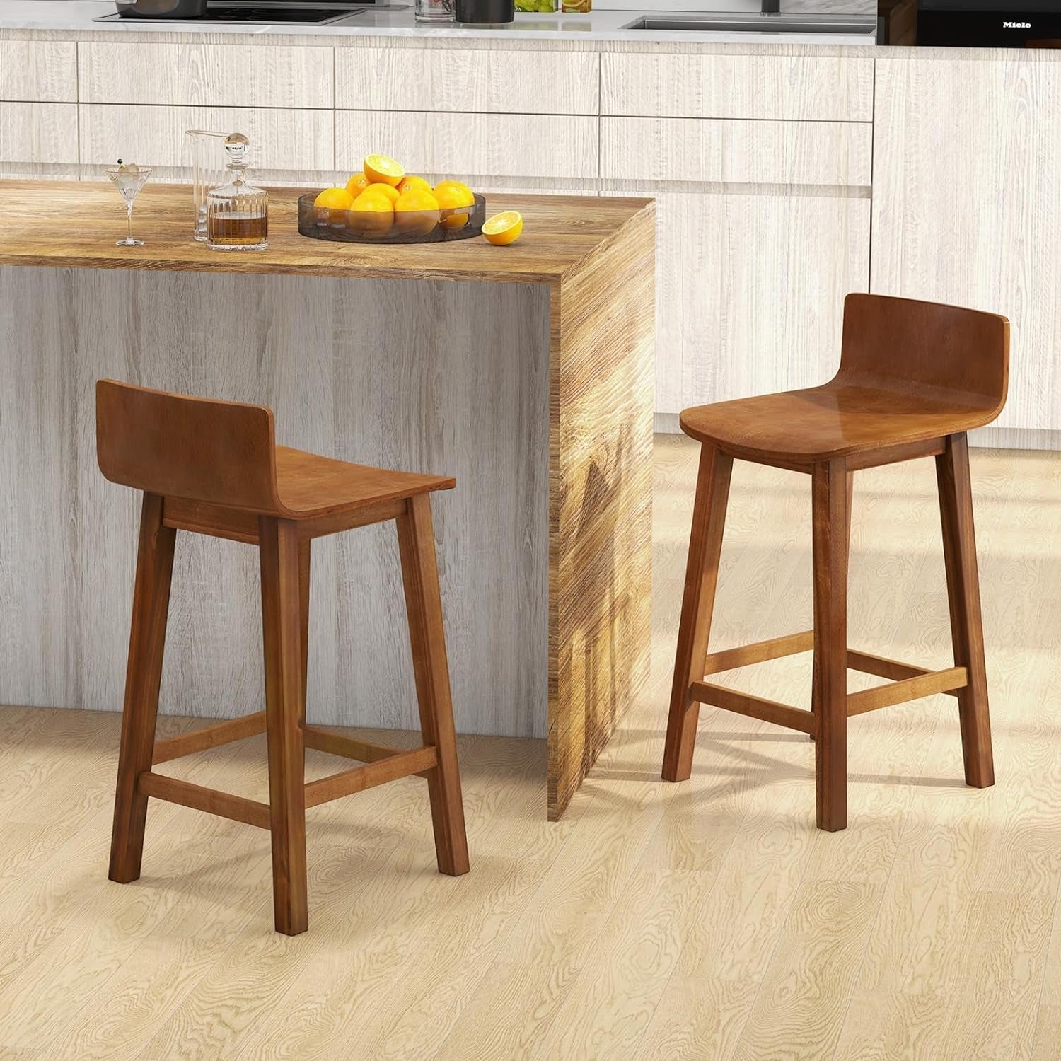 24.5 Inch Counter Height Farmhouse Wooden Bar Stool Set Of 2 With Brown Footrest And Low Back-1