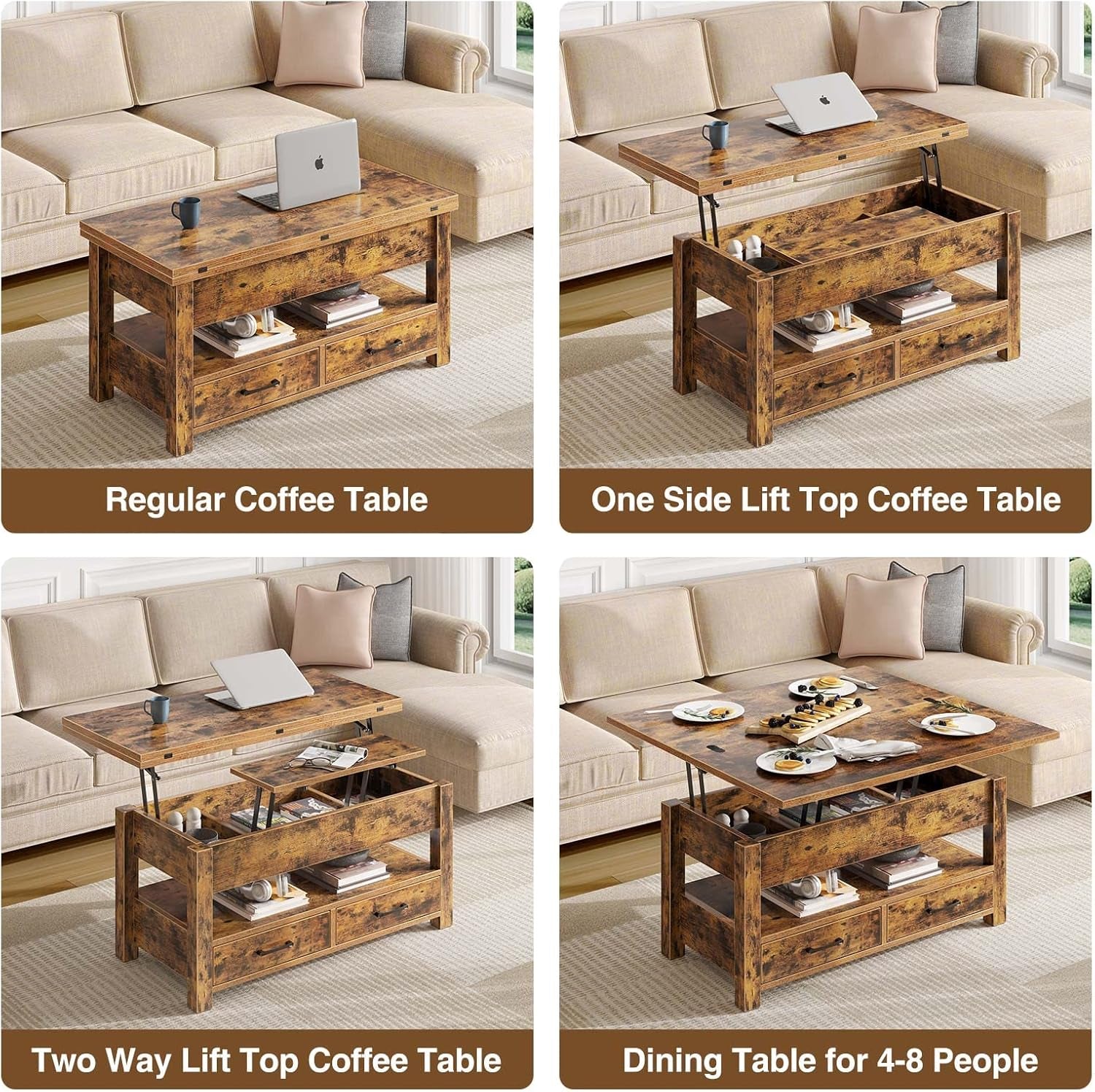 Coffee Table Lift Top, Multi-Function Convertible Coffee Table with Drawers and Hidden Compartment, Coffee Table Converts to Dining Table for Living Room, Home Office, Rustic Brown-4