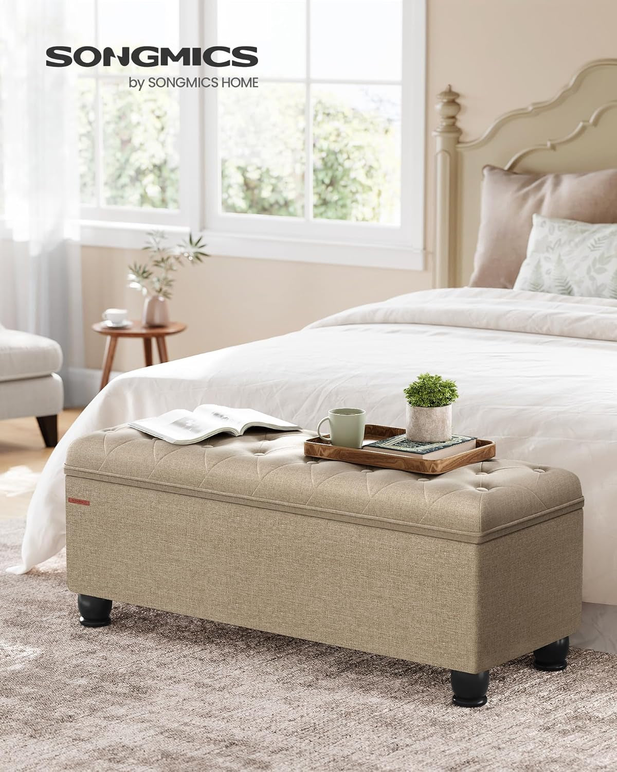 Camel Brown Linen Storage Ottoman Bench Reinforced-3