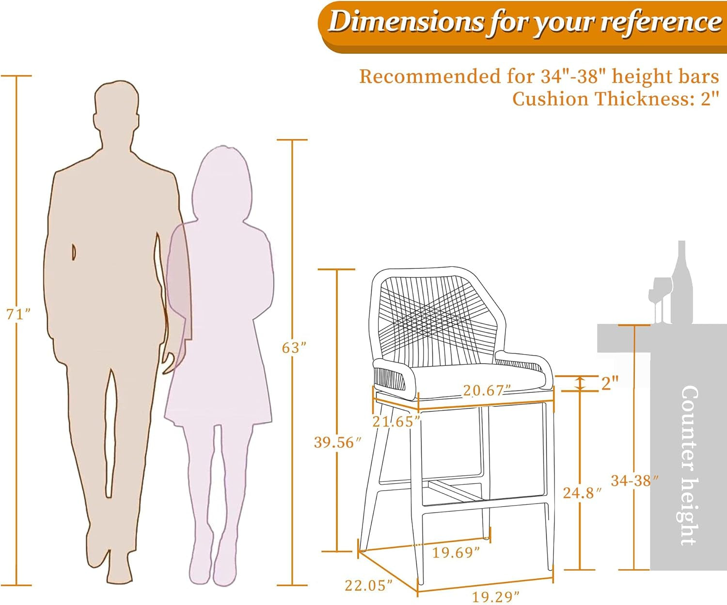 Counter Height Bar Stools Set of 4 Rattan Chair Boho Wicker Metal Counter Stools with Back and Footrest Patio Seating Modern Garden Pool Outdoor Barstools-2