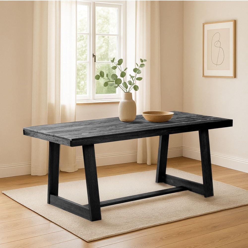 72Inch Farmhouse Dining Table SolidWood BlackWirebrush-3