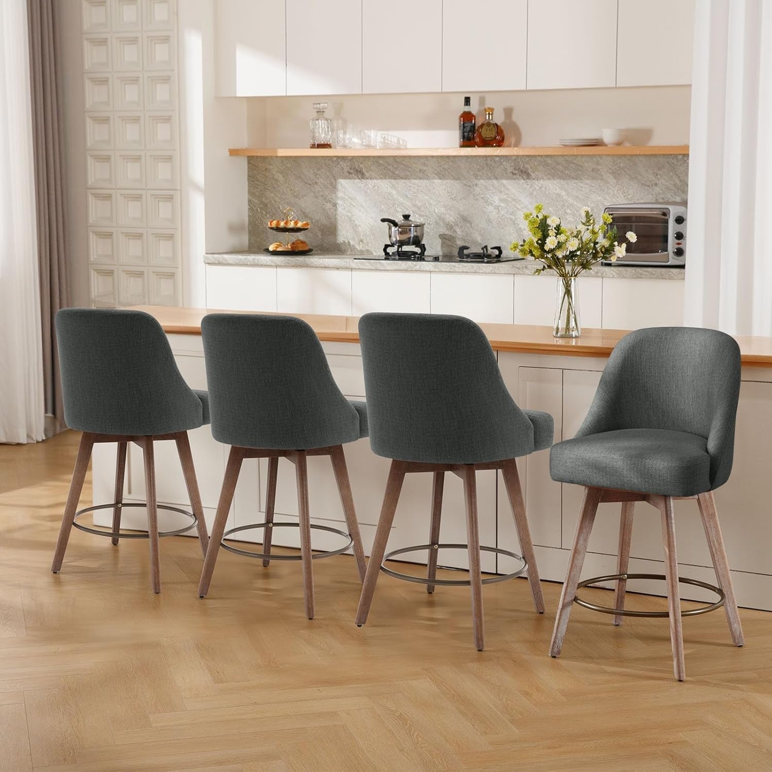 Counter Height Bar Stools Set of 4, Modern Mid-Century Swivel Barstools with Backs and Wood Legs, Linen Fabric Upholstered Bar Chairs, 26" Seat Height Counter Stools for Kitchen Island, Gray-0