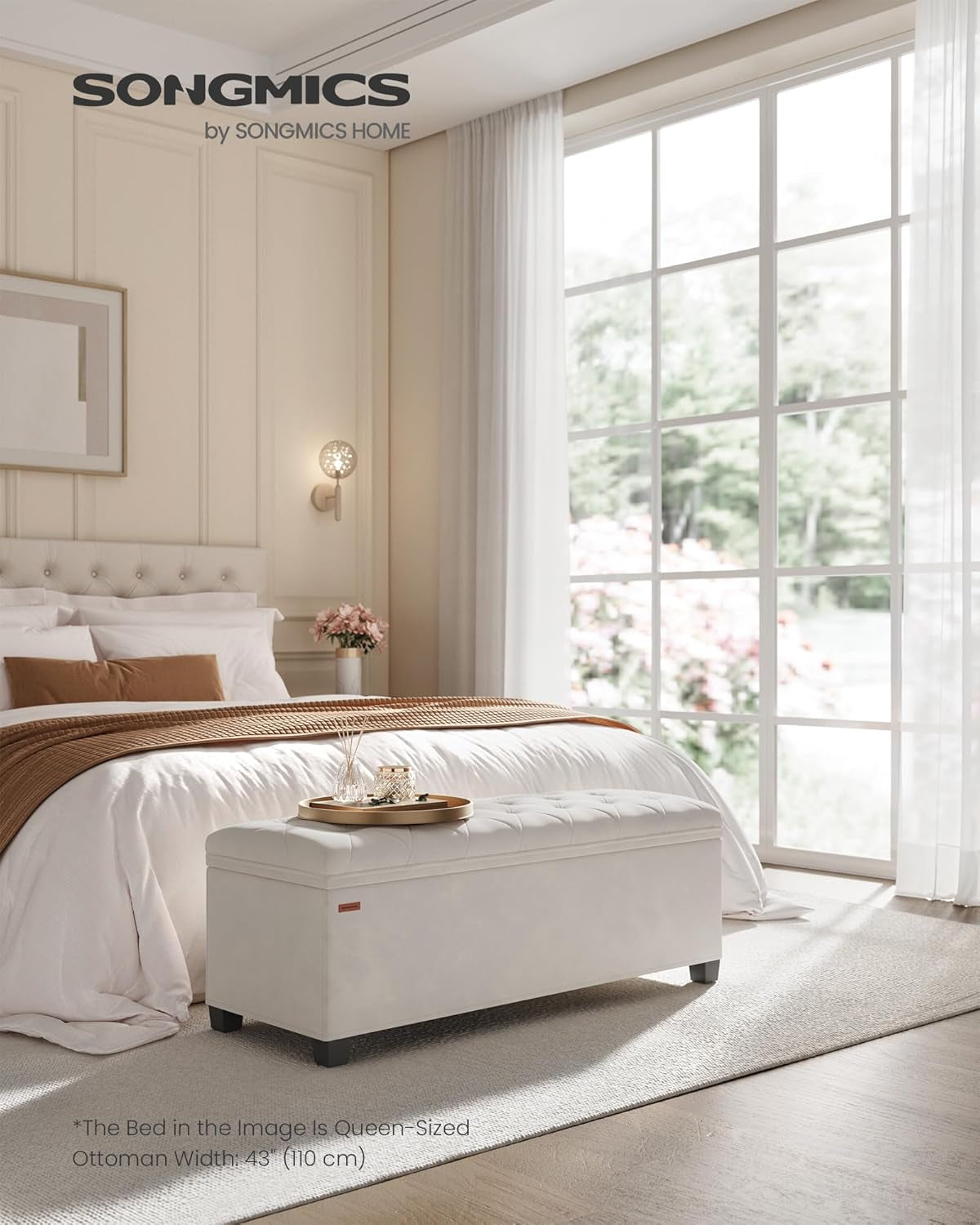 Cream Velvet Textured Storage Ottoman Bench 43Inch-1