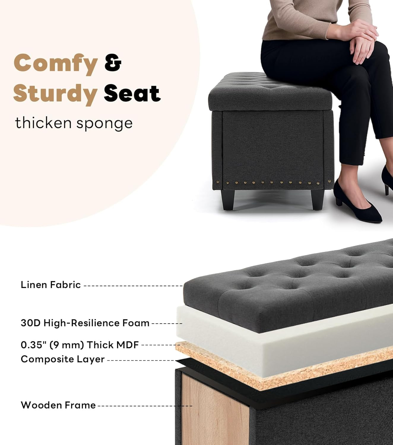 50.8 Inches Gray Upholstered Storage Ottoman Bench-2
